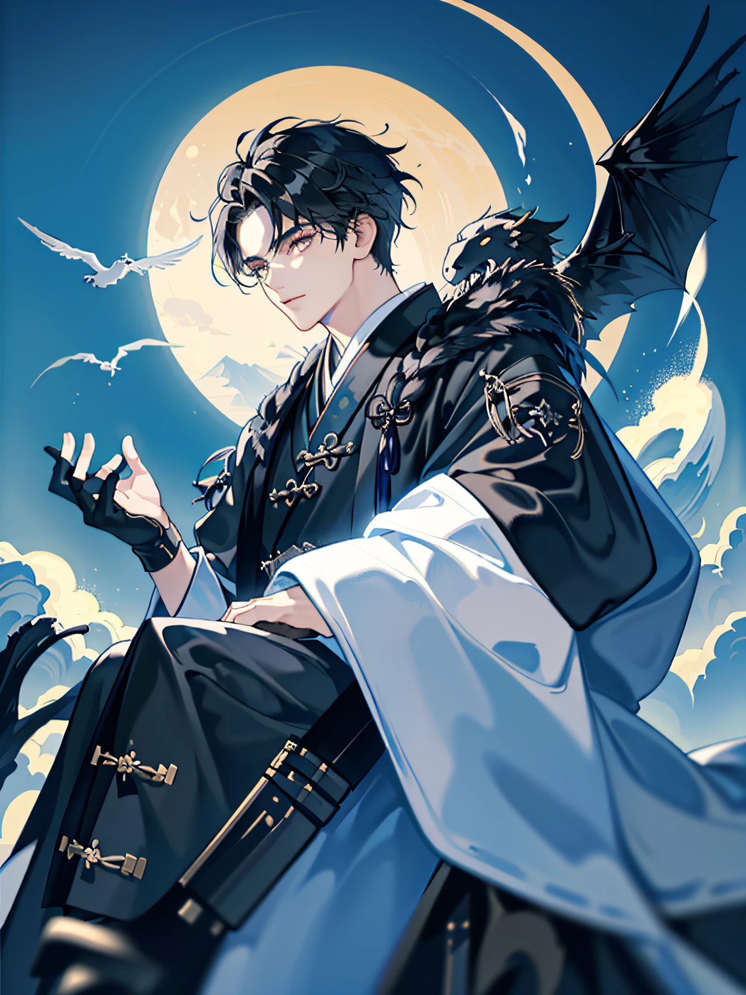Masterpiece, Solo, 1 Boy, Black Cloak, Ancient Chinese Hanfu, Black Hair, Handsome, No Leaks, Ultra-intricate Details, Background: Night, Moonlight, Mountain Peak,