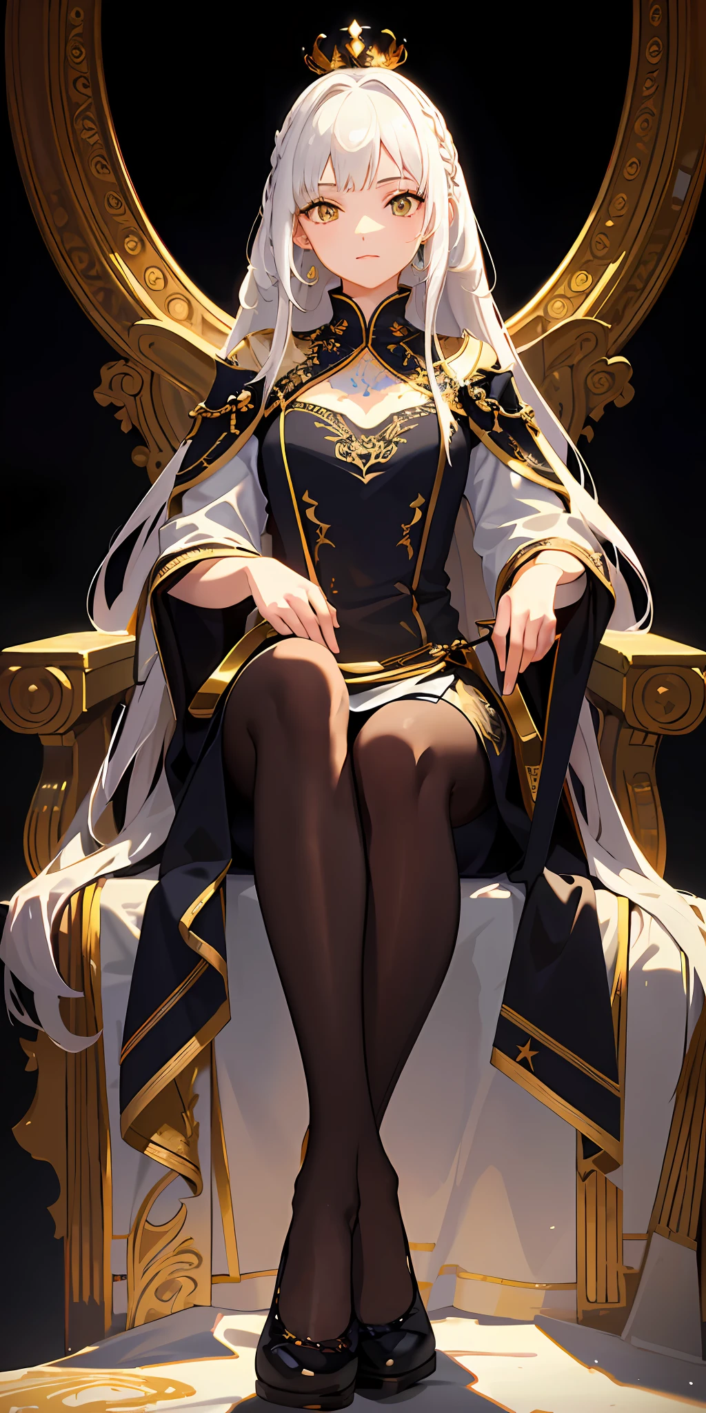 (Masterpiece:1.2), best quality, (illustration:1.2), (ultra-detailed), hyper details, (delicate detailed), (intricate details), (cinematic light, best quality Backlights), clear line, from below, soloist, perfect body, (1girl), white hair and yellow eyes, (emperor, black see-through clothes), (crown: 1.1), sitting on the throne, eyes slightly closed, head down, (shy: 1.2 ), (makeup), high contrast, (best illumination, an extremely create and beautiful), (cinematic light), colorful,