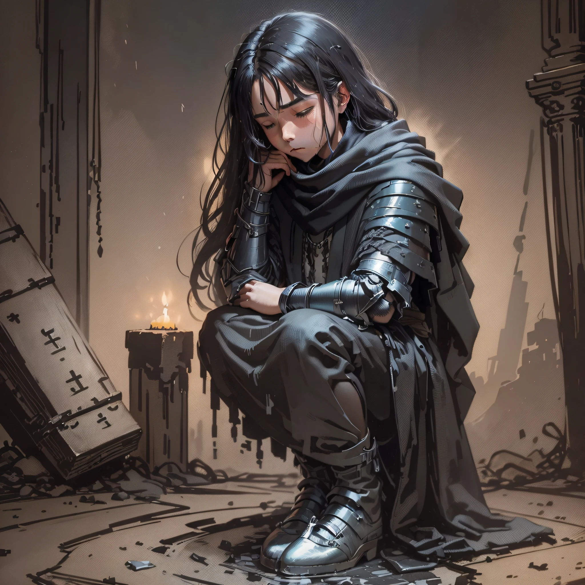 (masterpiece), best quality, ancient style, thick dark atmosphere, (1 boy), long hair draped, shawl hairstyle, gray tunic, decorative shoulder armor, heavy shoes, tear stains, sadness, pain, wailing, holding the head, bent body, shrouded in black air. --auto --s2