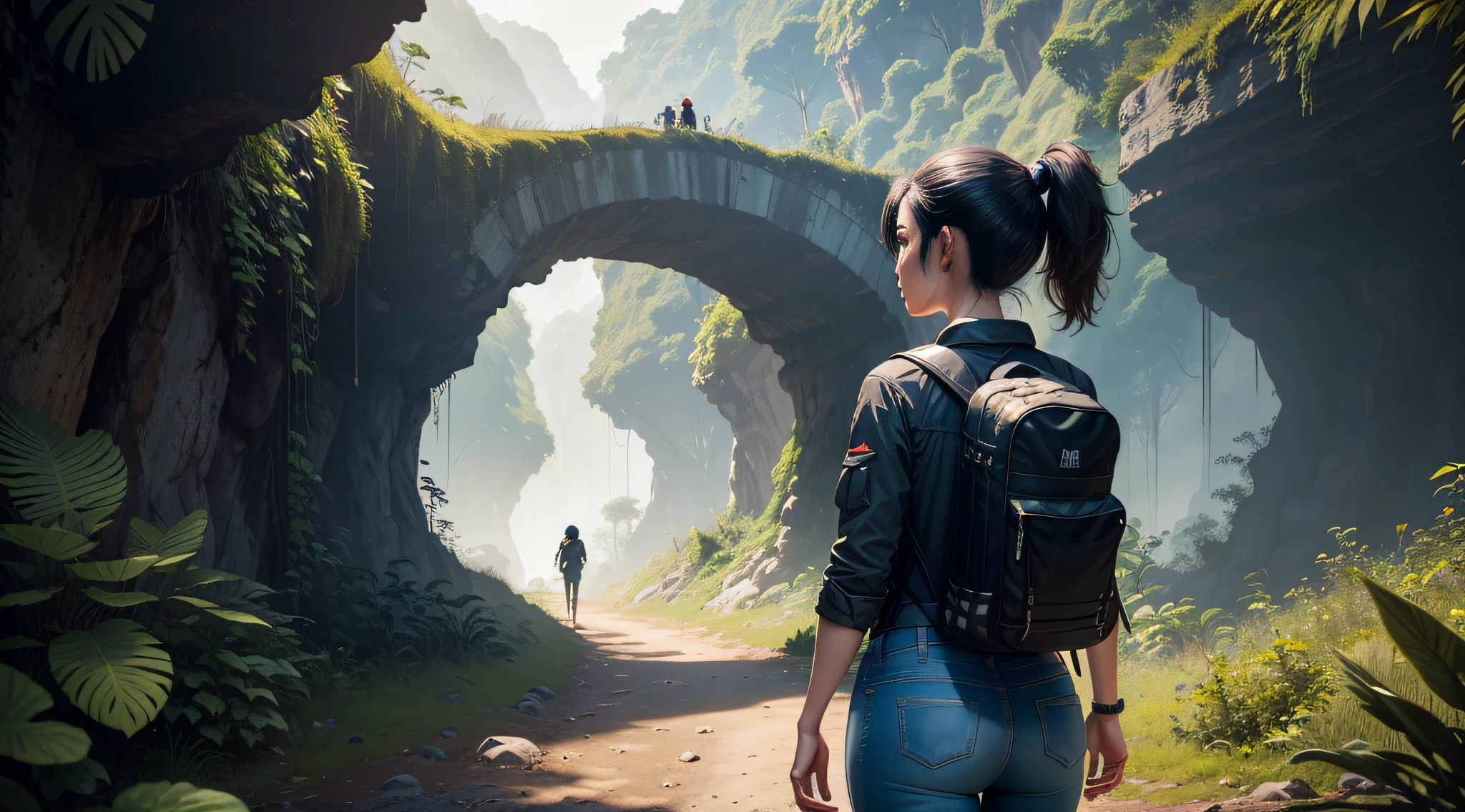 Real scene, medium and long range, BACK: 1.3, , afternoon, Chinese, 1 female (explorer, beautiful, wearing black hiking suit, carrying hiking backpack, jeans, ponytail), walking deep in the mountains, through the primitive jungle, dense jungle, imposing, (best quality, 8k, masterpiece: 1.3))), clear focus: 1.2,