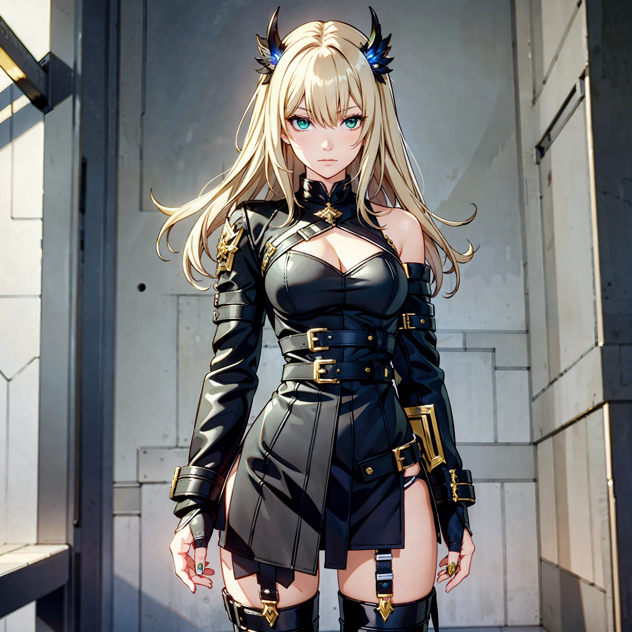 masterpiece, best quality, 1girl, child, female focus, solo, blonde hair, vibrant green eyes, looking at viewer, High quality metal texture, closed mouth, bangs, high collar,(kbxll:0.6), Fantasy aesthetics, Highly detailed, shadowverse style, full body, leather jacket