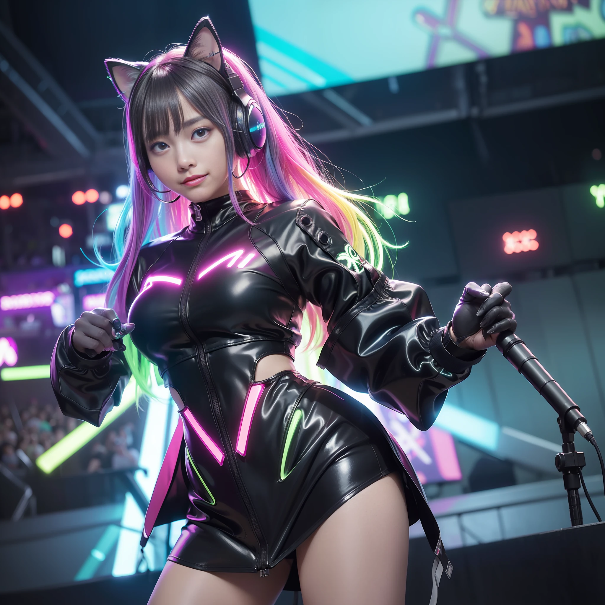 ((8k, RAW photos, best image quality, masterpiece,:1.2)), (realistic, photorealistic: 1.3),(depth of field: 1.2),18 years old beautiful Japan girl, dynamic angle,(1 person:1.3),1 girl,solo,sci-fi,futuristic idol, colorful and high-tech idol dress, glowing neon light idol dress, holographic clothing, reflective dress, techwear, volumetric lighting, glowing eyes, multicolored hair, flowing hair, (gradient neon color: 1.5), flash, real skin, HDR, fisheye, all-out smile, microphone, cat ear headphones, neon lights, neon rim lights, glowing neon on stage, laser beam on stage, psyllium, spotlight, cowboy shot, moody lighting, concert venue, (backdrop of packed arena seats: 1.5), (singing with a smile holding microphone on stage: 1.5),complex details, cyberpunk, (exploding pixel particles: 1.2),cinematic lighting, dynamic lighting