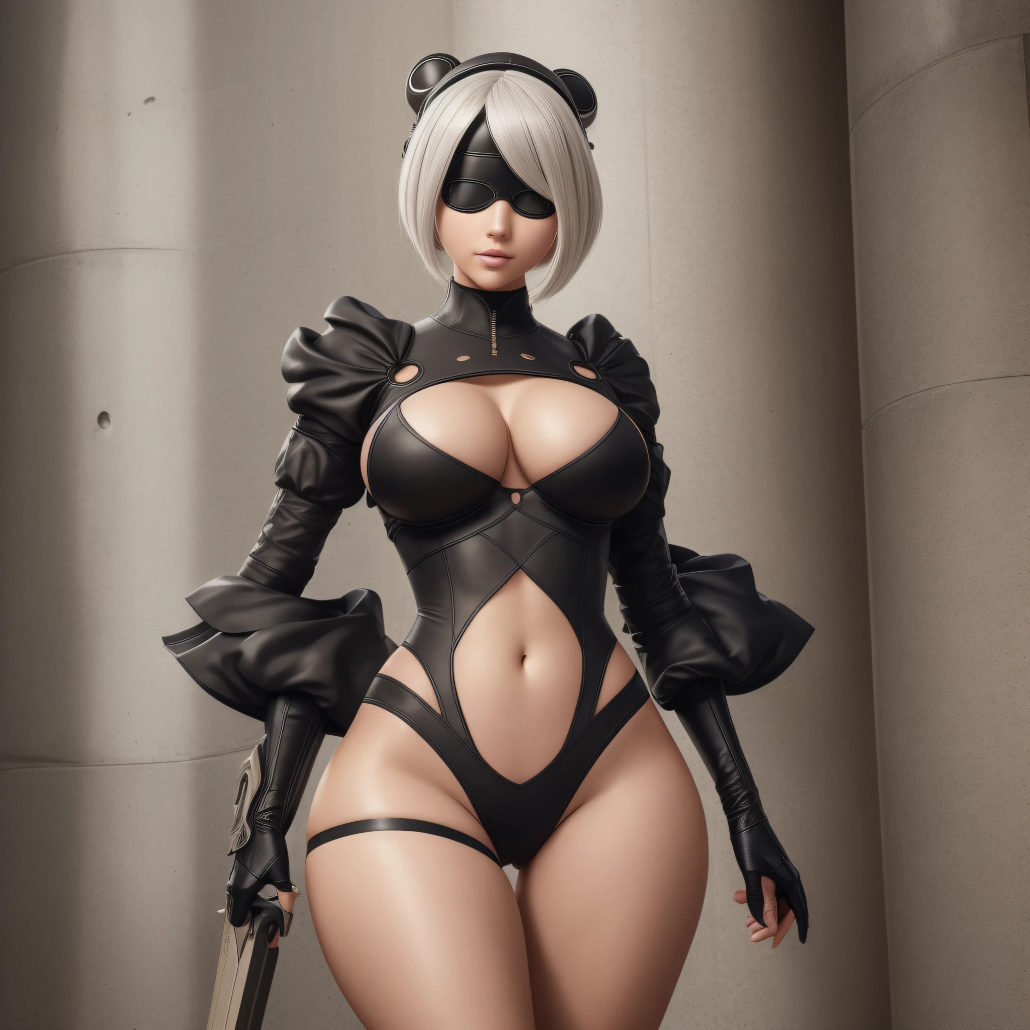 woman posing for photo, sexy ultra realistic face, model photo, 2B nier automata ultra realistic hair, ultra realistic body, thick legs, small breasts with big aureole and big beak and show, very big ass, realistic skin, colorful bandage outfit --auto --s2