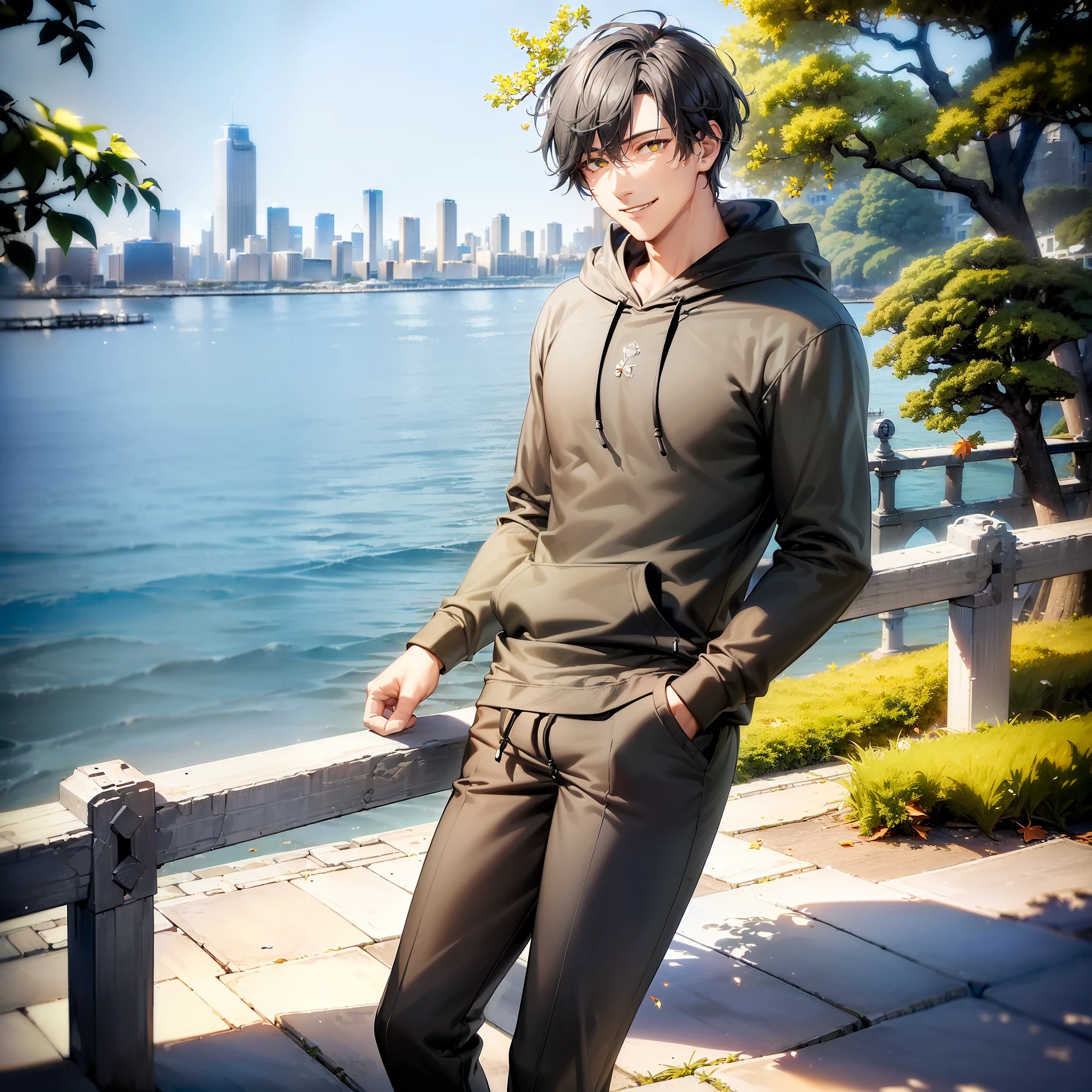 masterpiece, best quality, ultra realistic, photorealistic, high quality, human, mature handsome male, (((solo))), (male focus), (black short hair), hair between eyes, slim, ((yellow pupils)), detailed eyes, front view, (clothing, (topwear: ((dark-gray hoodie), bottomwear:(pants: dark gray)), standing, detailed clothing, coat collar, tall, smiling, (((city seaside))), trees, falling leaves, (detailed background)