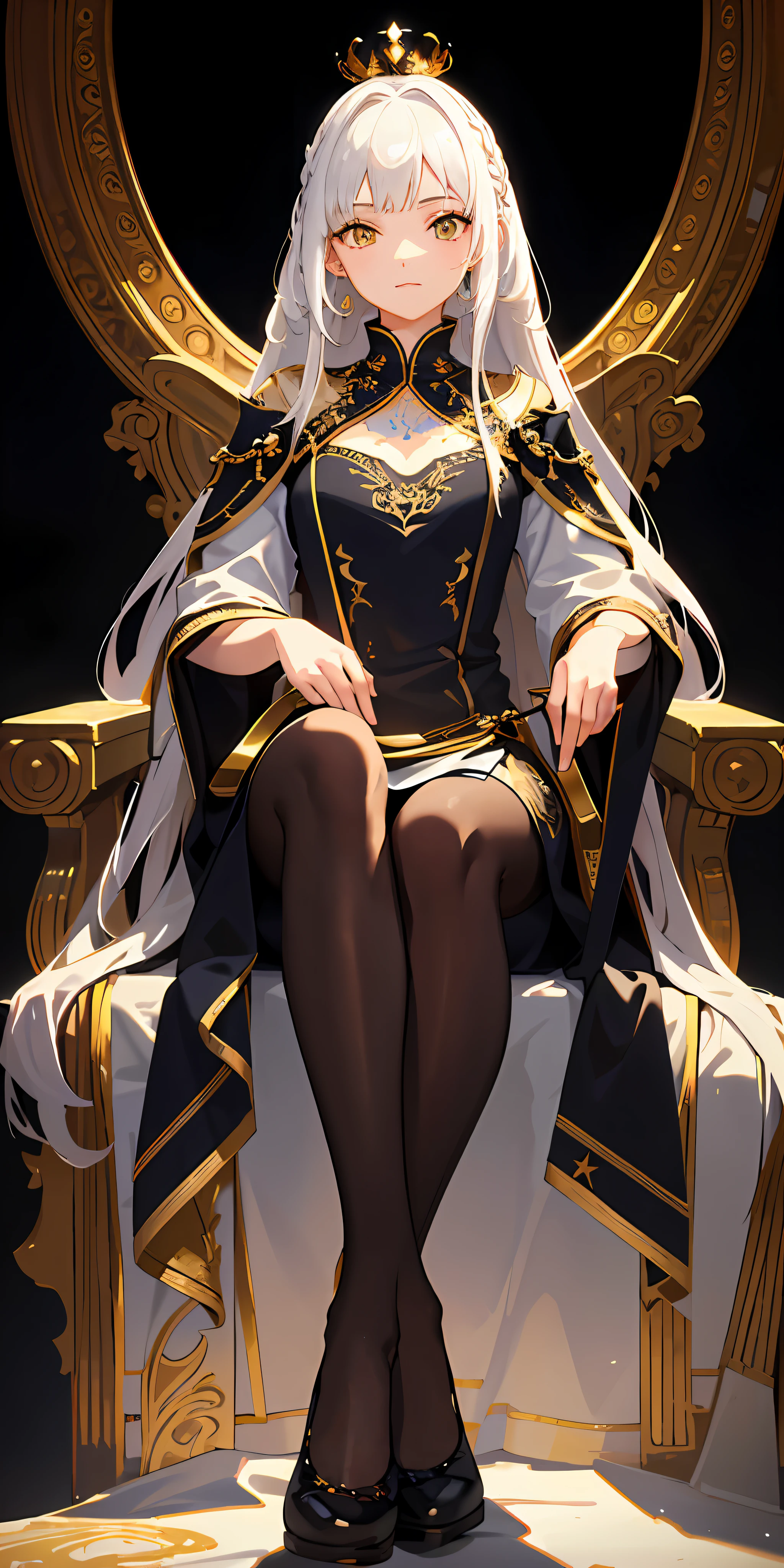 (Masterpiece:1.2), best quality, (illustration:1.2), (ultra-detailed), hyper details, (delicate detailed), (intricate details), (cinematic light, best quality Backlights), clear line, from below, soloist, perfect body, (1girl), white hair and yellow eyes, (emperor, black see-through clothes), (crown: 1.1), sitting on the throne, eyes slightly closed, head down, (shy: 1.2 ), (makeup), high contrast, (best illumination, an extremely create and beautiful), (cinematic light), colorful,