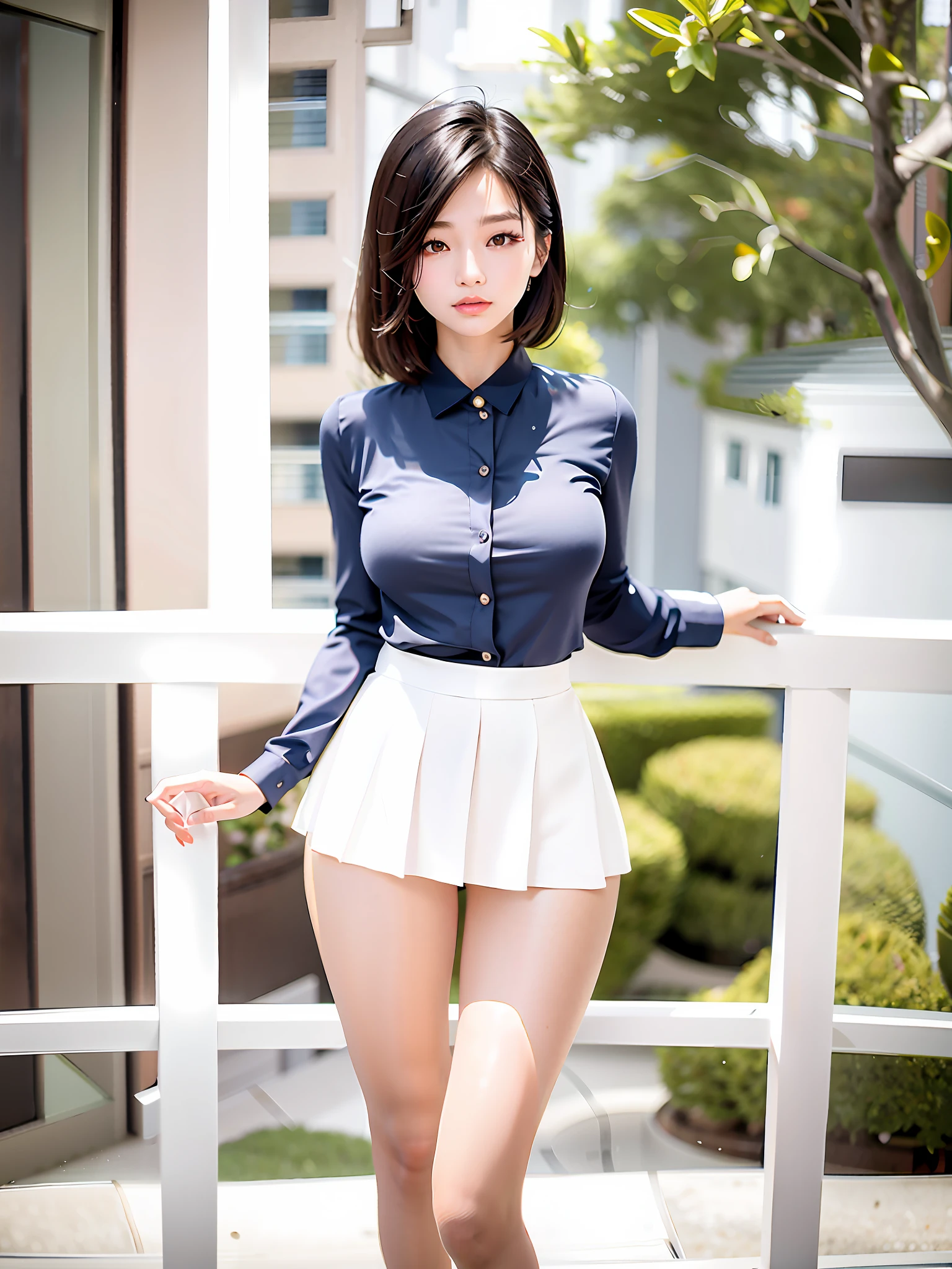 masterpiece, photorealistic, ultra high definition, alafed korean woman in short skirt, korean girl in tight simple clothes, posing on balcony (open collar), gorgeous young korean woman, beautiful korean woman, beautiful asian girl, beautiful young korean woman, korean woman, wearing tight shirt, sakimi-chan hdri, cute elegant pose, Korean female fashion model, wearing a white skirt, short skirt, chest potch, one thumb and four other fingers,