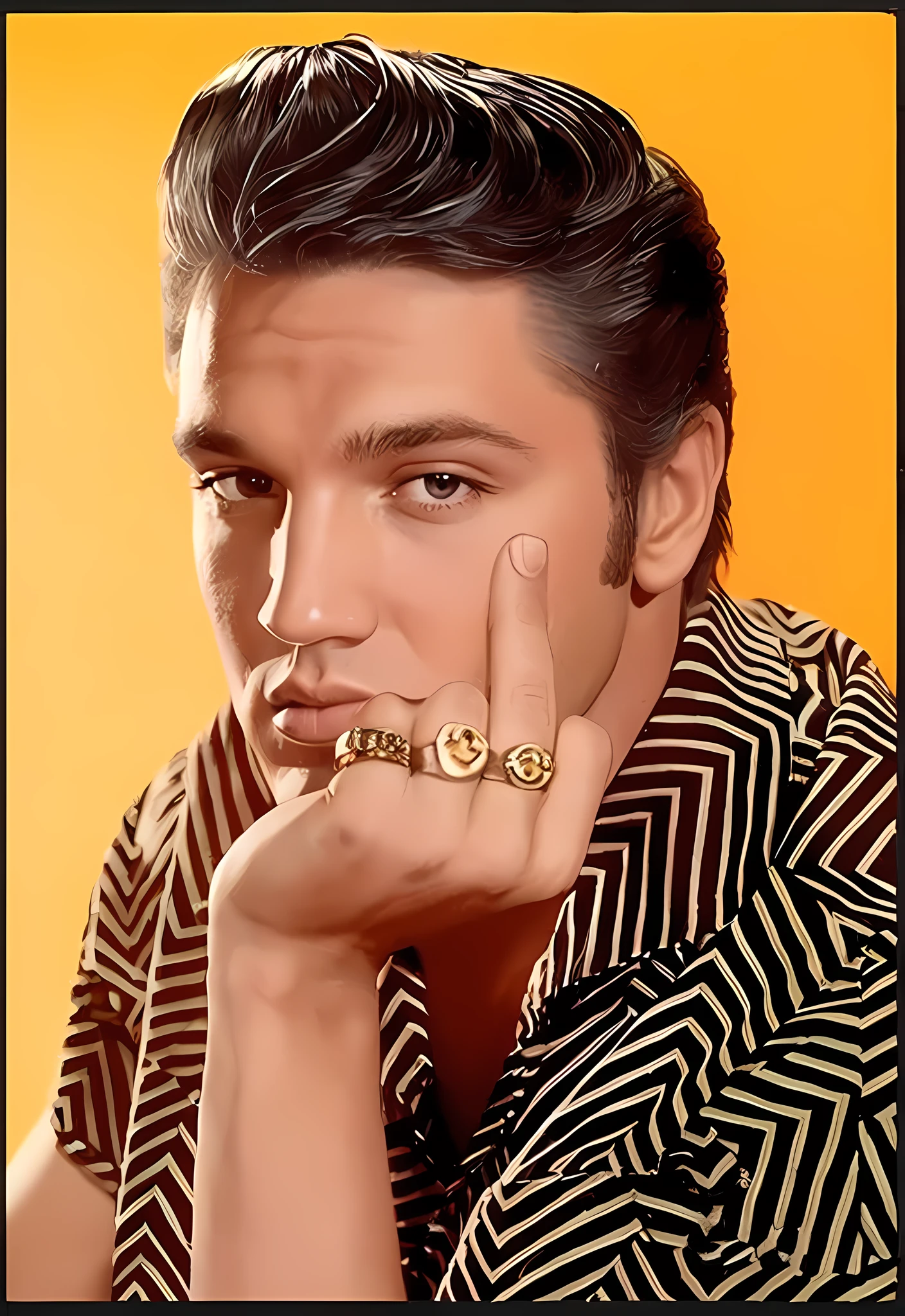 arafed photo of a man with a ring on his finger, elvis presley, elvis, by Bruce Gilden, portrait of elvis presley, anime elvis presley, by Glen Angus, neil leifer, seventies era, seventies, the rock and roll emperor, inspired by Bruce Gilden, closeup portrait shot, eddie del rio, closeup!!!!!!, by Allan Linder