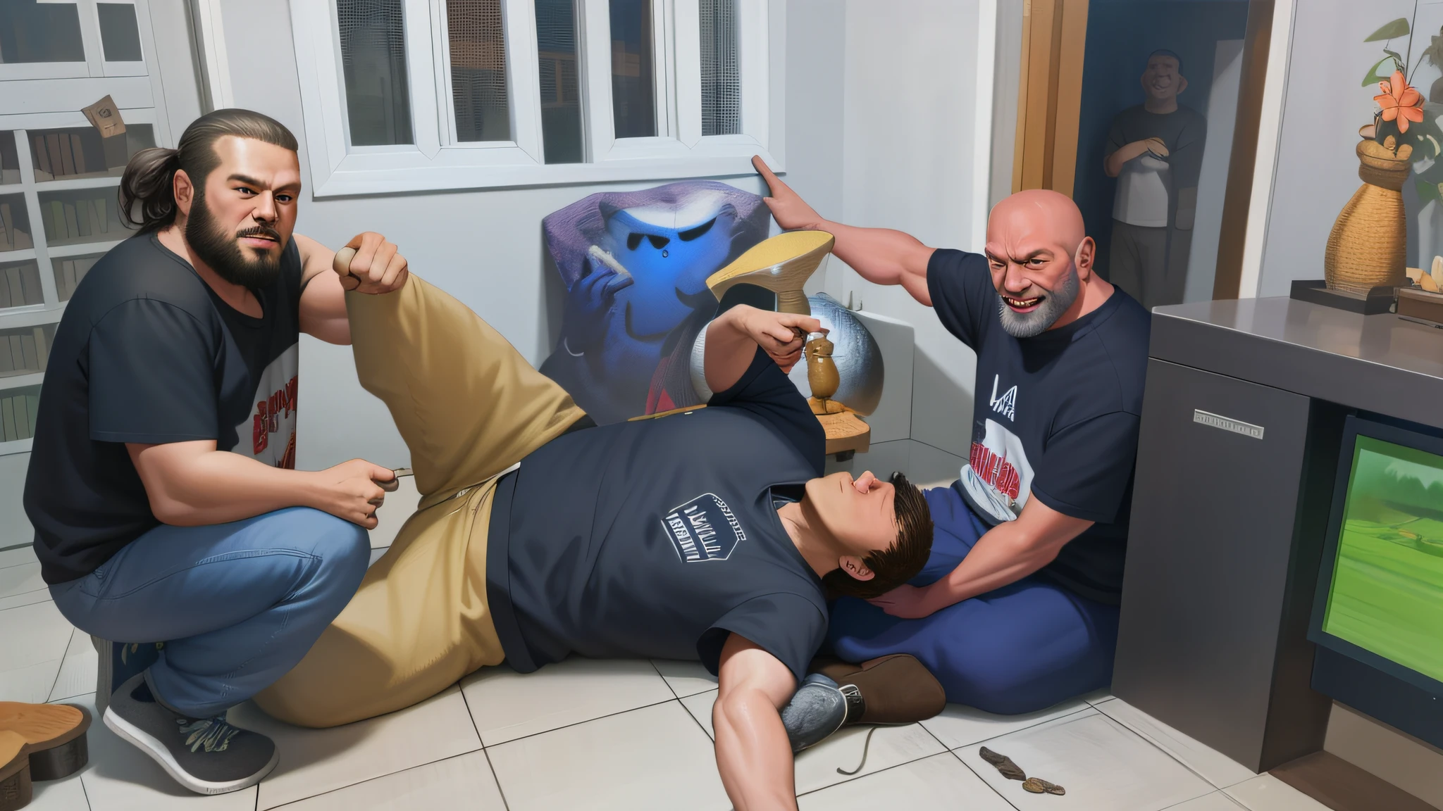 painting of two men playing video games on a tv, inspired by Tim and Greg Hildebrandt, posing for a fight intricate, fan art, r/art, r /art, r / art, a hyper realistic, funny artwork, an epic painting, hyper realistic fantasy, d & d digital painting, full art, realistic fantasy illustration, hyperrealistic nightmare scene --auto --s2