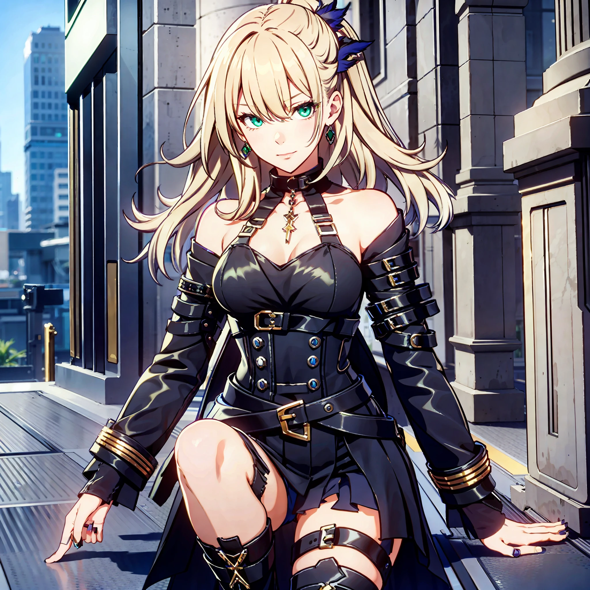 masterpiece, best quality, 1girl, child, female focus, solo, blonde hair, vibrant green eyes, looking at viewer, High quality metal texture, closed mouth, bangs, high collar,(kbxll:0.6), Fantasy aesthetics, Highly detailed, shadowverse style, full body, leather jacket