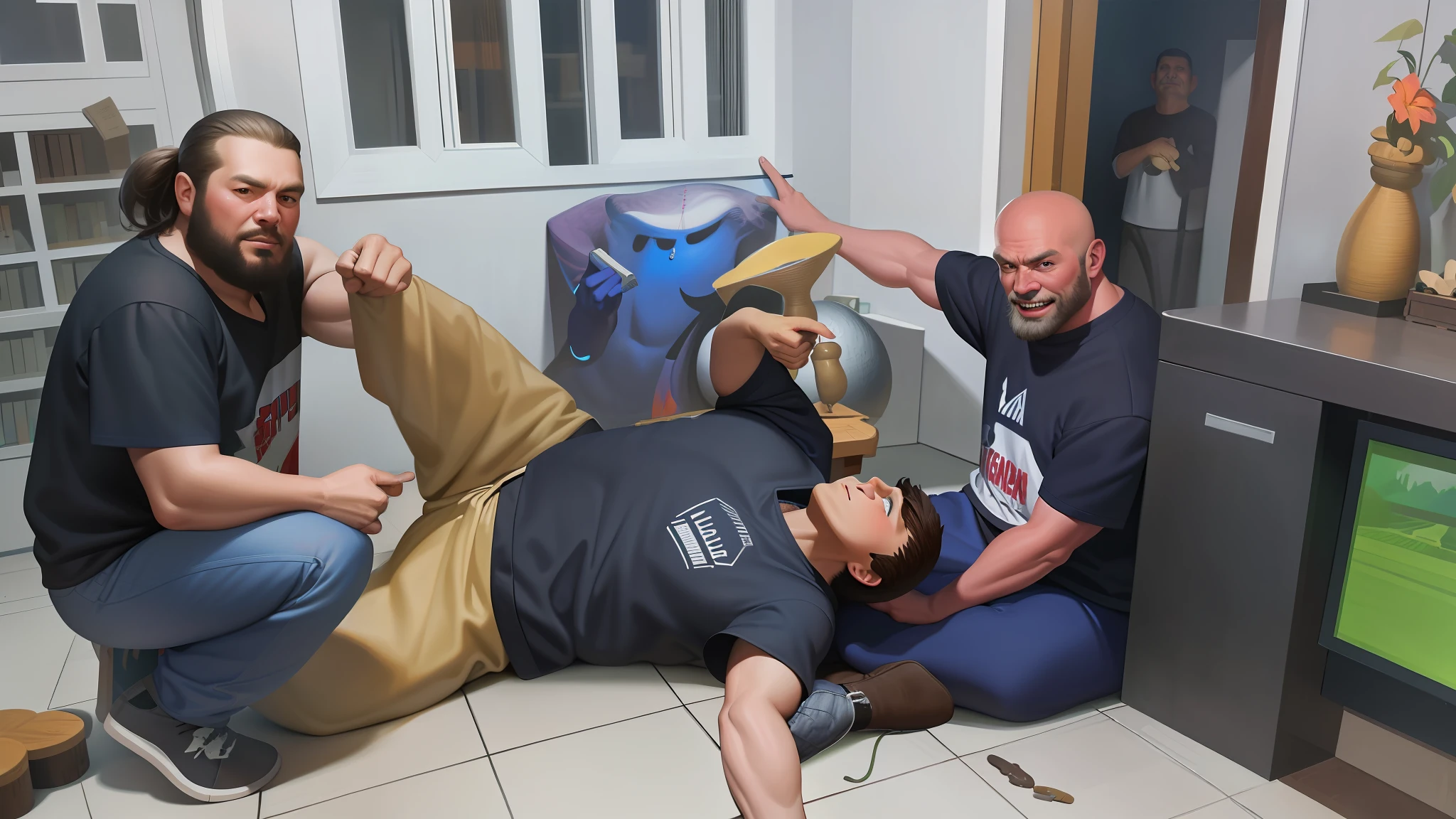 painting of two men playing video games on a tv, inspired by Tim and Greg Hildebrandt, posing for a fight intricate, fan art, r/art, r /art, r / art, a hyper realistic, funny artwork, an epic painting, hyper realistic fantasy, d & d digital painting, full art, realistic fantasy illustration, hyperrealistic nightmare scene --auto --s2