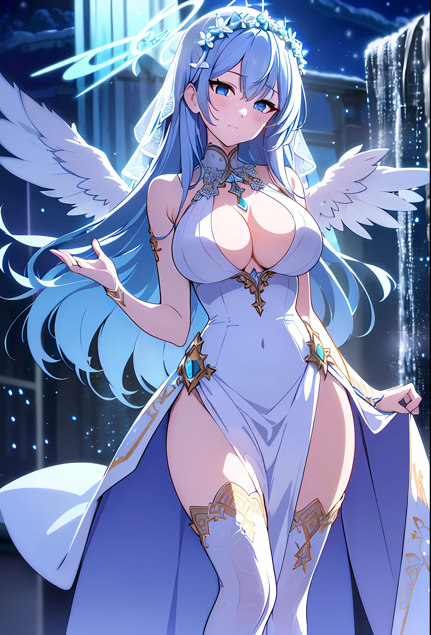 (sunaookami shiroko:1.2), {{{{masterpiece, extremely detailed, intricate details, soft focus, 8K, highres, depth of field, absurdres, high quality facial shadowing, dynamic shadowing, extreme shaders, cinematic lighting, perfect lighting, soft lighting, hazy lighting, blurry foreground, lens flare}}}}, best quality, asian qualities, {front view}, (solo:1.2), (beautiful young girl:1.3), high school girl, {{{extremely detailed girl, perfect anatomy, perfect body}}}, (detailed neon angel halo:1.4), bright blue double halo, (beautiful-detailed hair:1.3), ( silver hair:1.3), luscious curly hair, (hair splayed out:1.2), beautiful-detailed facial structure, detailed beautiful face:1.3, sexy face, cute face, slender facial structure, (detailed face:1.33), (beautiful-detailed eyes:0.7), big eyes, (detailed eyes:1.2), glowing bright blue eyes, (detailed boobs:1.3), small size boobs, (detailed facial expression:1.1), shy, slightly open mouth, detailed red blush, shy hand gesture, (slim waist:1.1), (slim legs:1.1), (detailed hair ornament:1.3), (white angel side hair ornament:1.3), (detailed necklace:1.2), (glowing blue simple plain necklace:1.3), (detailed wedding dress:1.3), (ball gown:1.3), (waterfall dress:1.3), beautiful-detailed pure black halter wedding dress, (high slit dress:1.3), (detailed high-strapped high heels:1.4), beautiful-detailed black high heels, winter night, (enhanced background:1.4), snow falling at midnight with clear skies overhead, snow on sidewalks with Christmas lights on tree's surrounded the viewer, (full body shot:1.1), hazy photo, (warm photo:1.3)