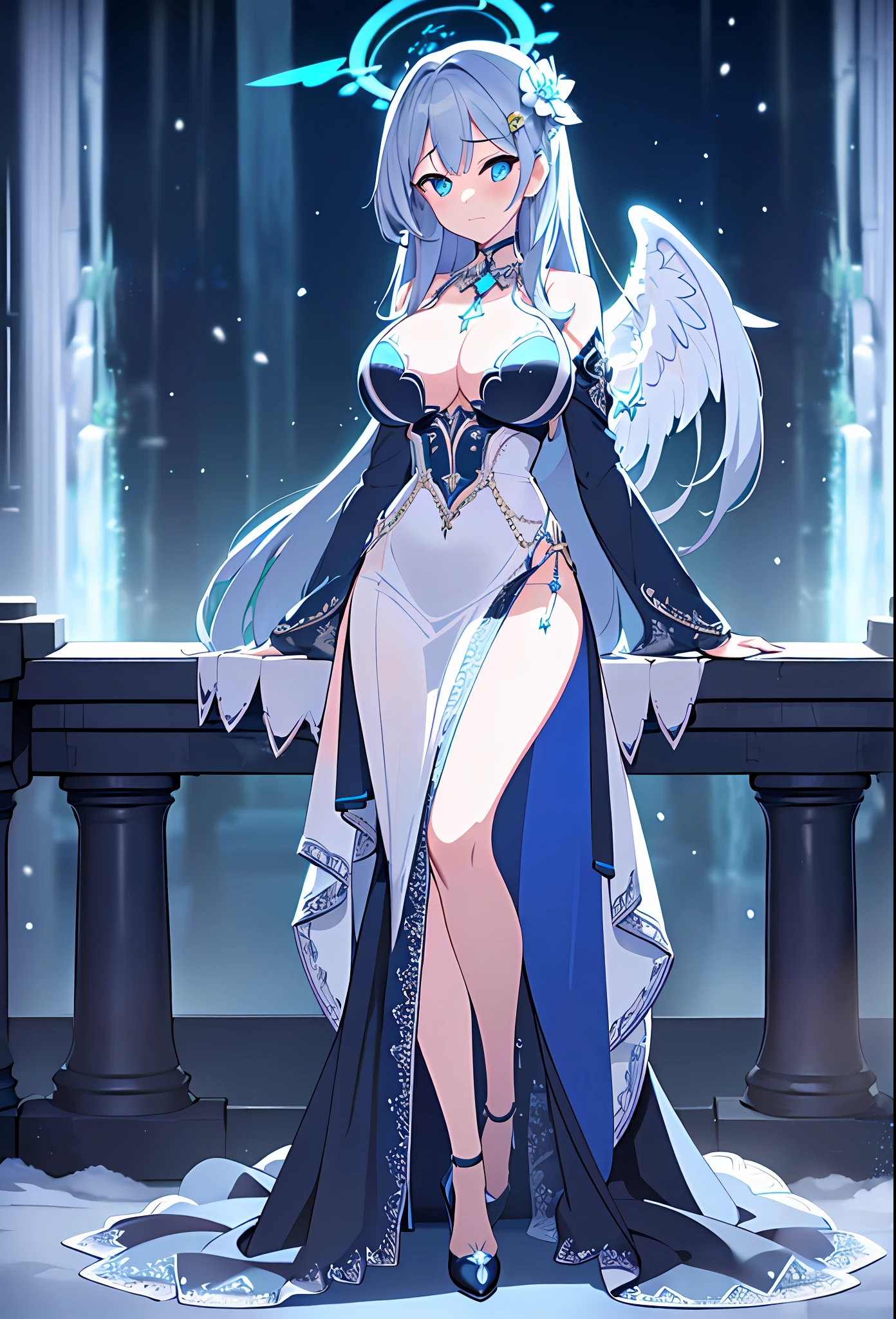 (sunaookami shiroko:1.2), {{{{masterpiece, extremely detailed, intricate details, soft focus, 8K, highres, depth of field, absurdres, high quality facial shadowing, dynamic shadowing, extreme shaders, cinematic lighting, perfect lighting, soft lighting, hazy lighting, blurry foreground, lens flare}}}}, best quality, asian qualities, {front view}, (solo:1.2), (beautiful young girl:1.3), high school girl, {{{extremely detailed girl, perfect ???????, perfect body}}}, (detailed neon angel halo:1.4), bright blue double halo, (beautiful-detailed hair:1.3), ( silver hair:1.3), luscious curly hair, (hair splayed out:1.2), beautiful-detailed facial structure, detailed beautiful face:1.3, sexy face, cute face, slender facial structure, (detailed face:1.33), (beautiful-detailed eyes:0.7), big eyes, (detailed eyes:1.2), glowing bright blue eyes, (detailed boobs:1.3), small size boobs, (detailed facial expression:1.1), shy, slightly open mouth, detailed red blush, shy hand gesture, (slim waist:1.1), (slim legs:1.1), (detailed hair ornament:1.3), (white angel side hair ornament:1.3), (detailed necklace:1.2), (glowing blue simple plain necklace:1.3), (detailed wedding dress:1.3), (ball gown:1.3), (waterfall dress:1.3), beautiful-detailed pure black halter wedding dress, (high slit dress:1.3), (detailed high-strapped high heels:1.4), beautiful-detailed black high heels, winter night, (enhanced background:1.4), snow falling at midnight with clear skies overhead, snow on sidewalks with Christmas lights on tree's surrounded the viewer, (full body shot:1.1), hazy photo, (warm photo:1.3)