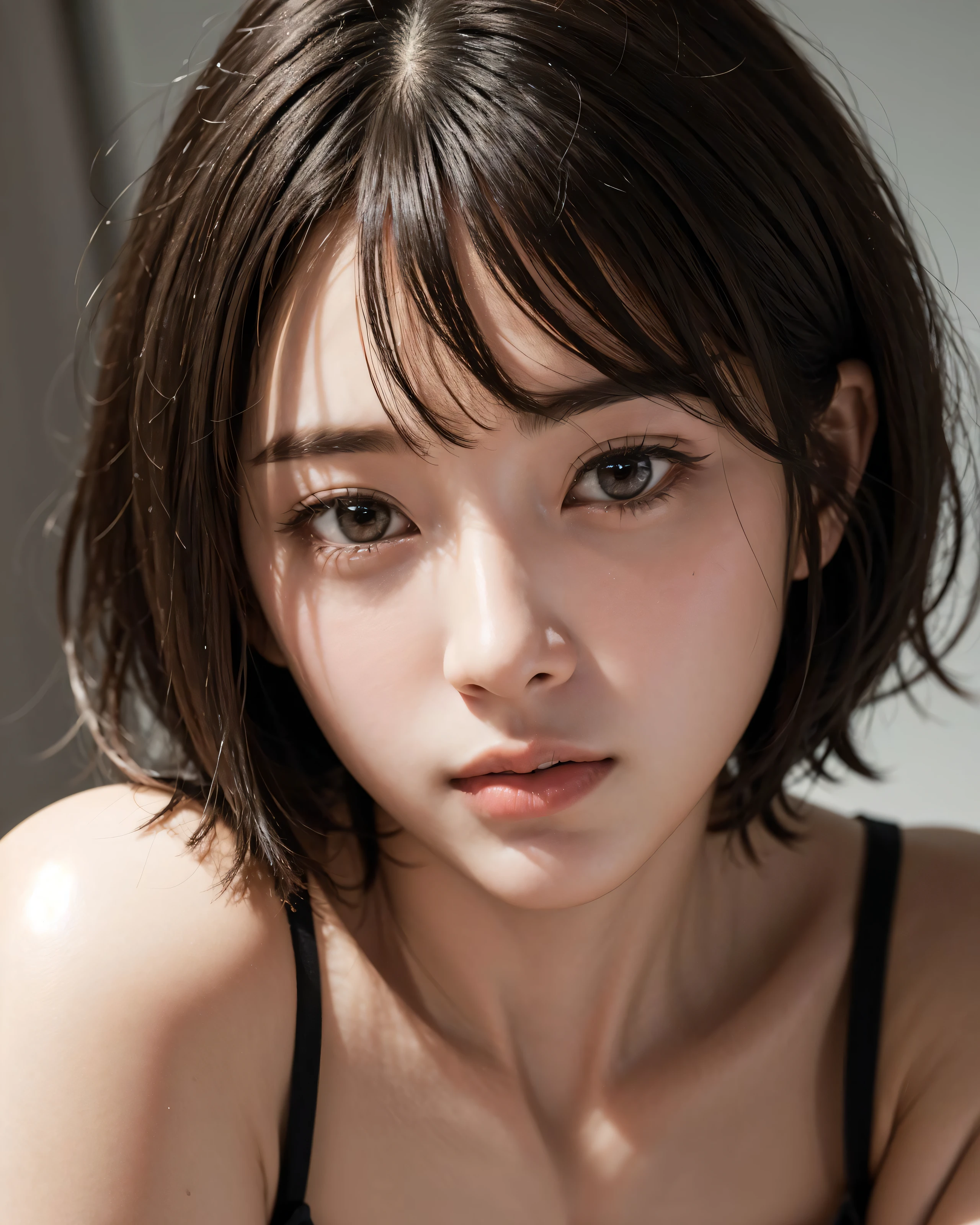 zydG, 1girl, detailed skin, looking at viewer, brown eyes, (short hair with bangs:1.2), (medium breasts:1.0), (medium areolae:0.8), 
(photorealistic:1.4), (best quality:1.0), (ultra highres:1.0), 8k, RAW photo, (masterpiece:0.2), (pureerosface_v1:0.5)