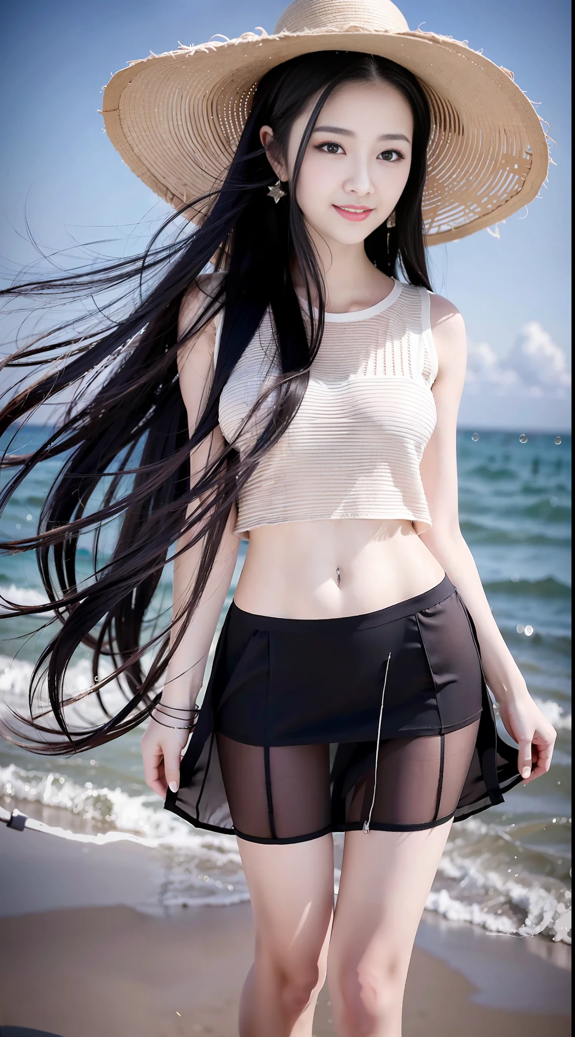 A standing girl on the beach in Sanya, wearing a shirt and stockings medium and short skirt, long black hair, high quality, high details, long legs, light smile, magic pupils, delicate facial features, textured skin, tonalism, real background, full body, close-up