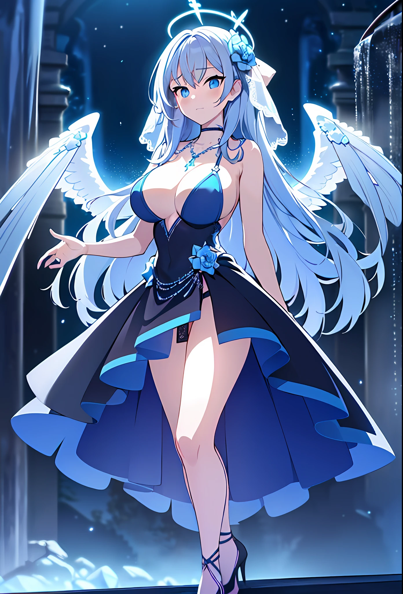 (sunaookami shiroko:1.2), {{{{masterpiece, extremely detailed, intricate details, soft focus, 8K, highres, depth of field, absurdres, high quality facial shadowing, dynamic shadowing, extreme shaders, cinematic lighting, perfect lighting, soft lighting, hazy lighting, blurry foreground, lens flare}}}}, best quality, asian qualities, {front view}, (solo:1.2), (beautiful young girl:1.3), high school girl, {{{extremely detailed girl, perfect anatomy, perfect body}}}, (detailed neon angel halo:1.4), bright blue double halo, (beautiful-detailed hair:1.3), ( silver hair:1.3), luscious curly hair, (hair splayed out:1.2), beautiful-detailed facial structure, detailed beautiful face:1.3, sexy face, cute face, slender facial structure, (detailed face:1.33), (beautiful-detailed eyes:0.7), big eyes, (detailed eyes:1.2), glowing bright blue eyes, (detailed boobs:1.3), small size boobs, (detailed facial expression:1.1), shy, slightly open mouth, detailed red blush, shy hand gesture, (slim waist:1.1), (slim legs:1.1), (detailed hair ornament:1.3), (white angel side hair ornament:1.3), (detailed necklace:1.2), (glowing blue simple plain necklace:1.3), (detailed wedding dress:1.3), (ball gown:1.3), (waterfall dress:1.3), beautiful-detailed pure black halter wedding dress, (high slit dress:1.3), (detailed high-strapped high heels:1.4), beautiful-detailed black high heels, winter night, (enhanced background:1.4), snow falling at midnight with clear skies overhead, snow on sidewalks with Christmas lights on tree's surrounded the viewer, (full body shot:1.1), hazy photo, (warm photo:1.3)