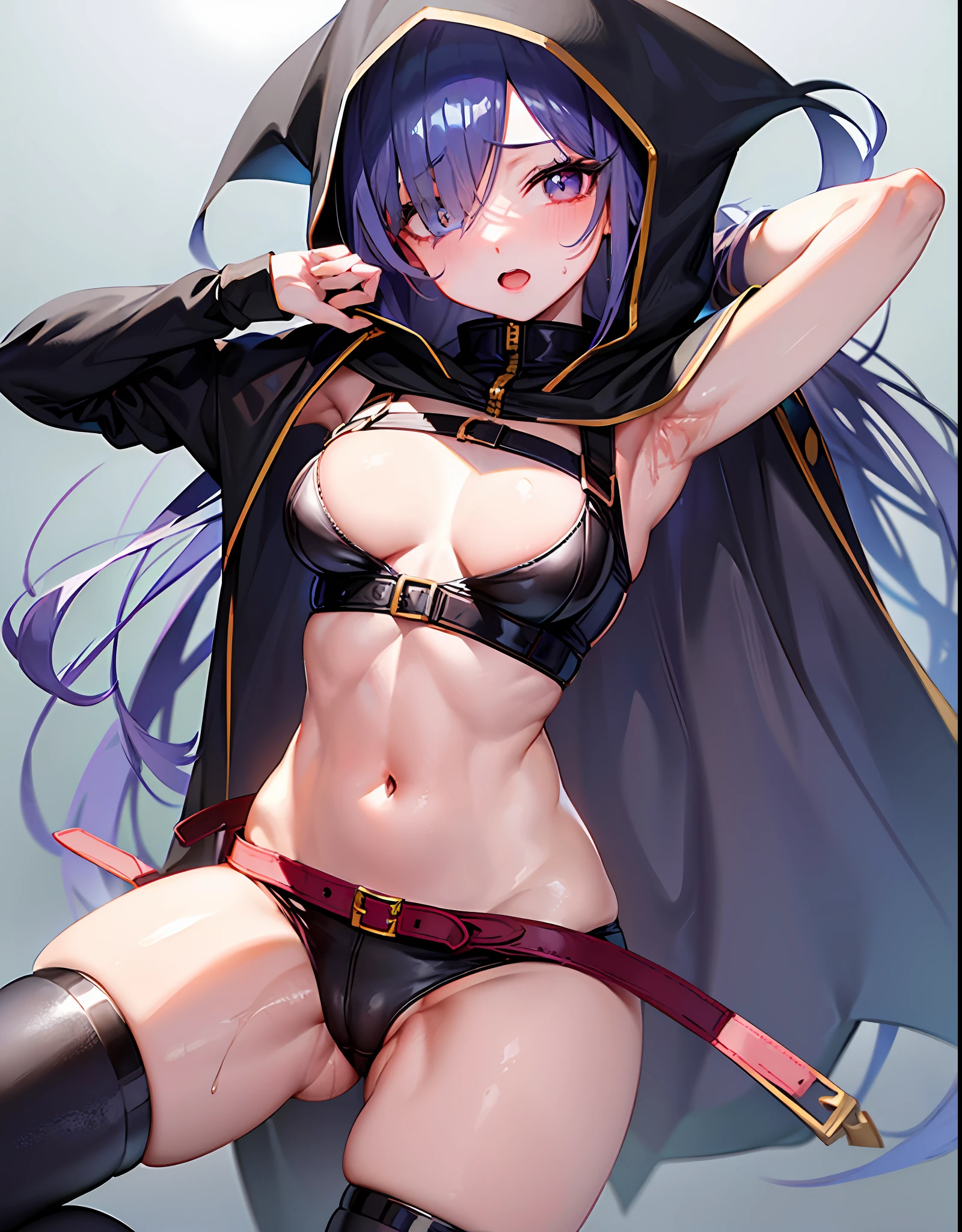 Fantasy,1 girl,toddler, (())+++, child,belt, blue_eye, blush, big_, cloak, hood, black_medium_hair, ((((long_bangs,hair_over_one_eye))))++, black_see-through_bodysuit, harness, navel,open_mouth, public, in_fantasy_city_background,sweat, armpits, thighs, boots, groin, sweat,_juice, dynamic_pose_jumping, dynamic_angle, tiny_groin, happy,sleepy,confused, (thin_ass, thin_thighs),