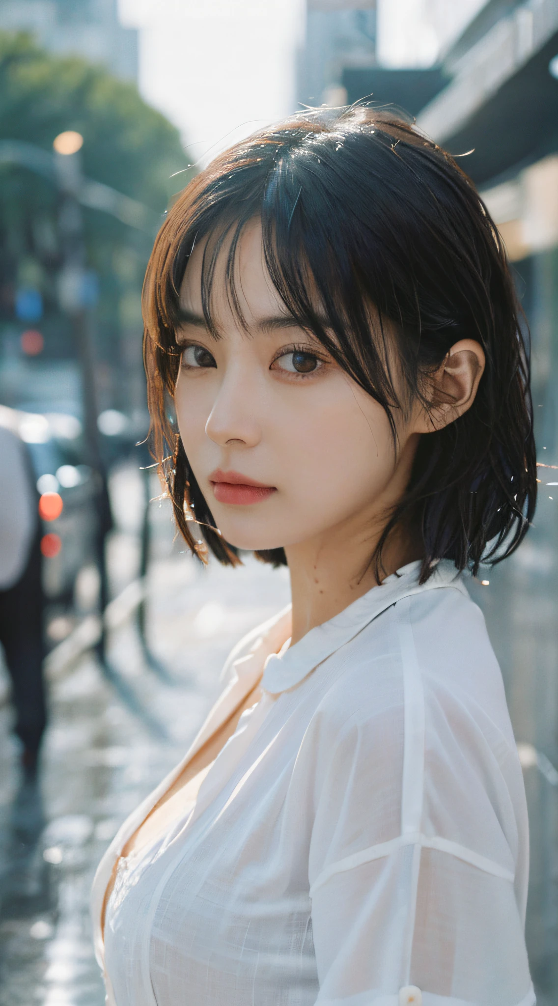 ((Best Quality, 8K, Masterpiece: 1.3)), Sharp: 1.2, Perfect Body Beauty: 1.4, Slim Abs: 1.2, ((Layered Hairstyle, Big Breasts: 1.2)), (Wet White Button Long Shirt: 1.1), (Rain, Street: 1.2), Wet: 1.5, Highly detailed face and skin texture, detailed eyes, double eyelids, side face looking at the camera