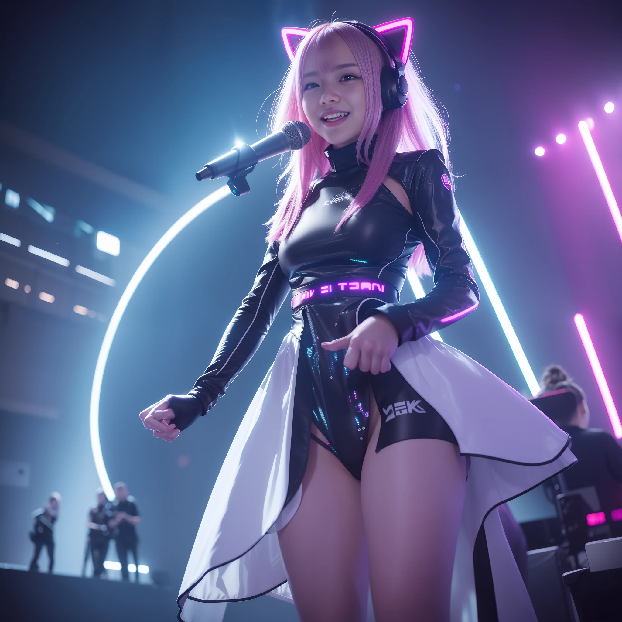 ((8k, RAW photos, best image quality, masterpiece,:1.2)), (realistic, photorealistic: 1.3),(depth of field: 1.2),18 years old beautiful Japan girl, dynamic angle,(1 person:1.3),1 girl,solo,sci-fi,futuristic idol, colorful and high-tech idol dress, glowing neon light idol dress, holographic clothing, reflective dress, Techwear, volumetric lighting, glowing eyes, multicolored hair, flowing hair, (gradient neon color: 1.5), flash, real skin, HDR, fisheye, all-out smile, headset microphone, cat ear gaming headphones, neon lights, neon rim lights, glowing neon on stage, laser beam on stage, psyllium, spotlights, cowboy shots, moody lighting, concert venue, (packed arena seat background: 1.5), (smiling and singing with microphone on stage: 1.5),intricate details,cyberpunk,(exploding pixel particles:1.2),cinematic lighting,dynamic lighting