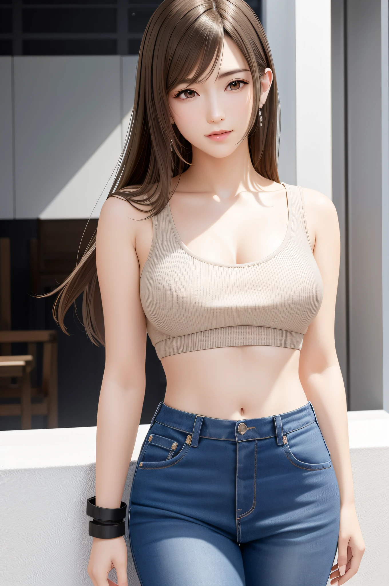 (Top Quality, Masterpiece: 1.1), (Real: 1.4), BREAK (((FF7))) (((Tifa))),solo,1girl,face focus:1.2,looking back:1.2,looking up:1.1, BREAK ((Light Brown Hair, Large breasts: 1.2)),(library,Paris: 1.2), BREAK (wearing bare shoulders and collarbone sweater:1.2)(wearing short jeans:1.2),(No Bra) (Small and beautiful hard nipple), clothed,(shiny oiled skin: 1.4), about 18 years old,