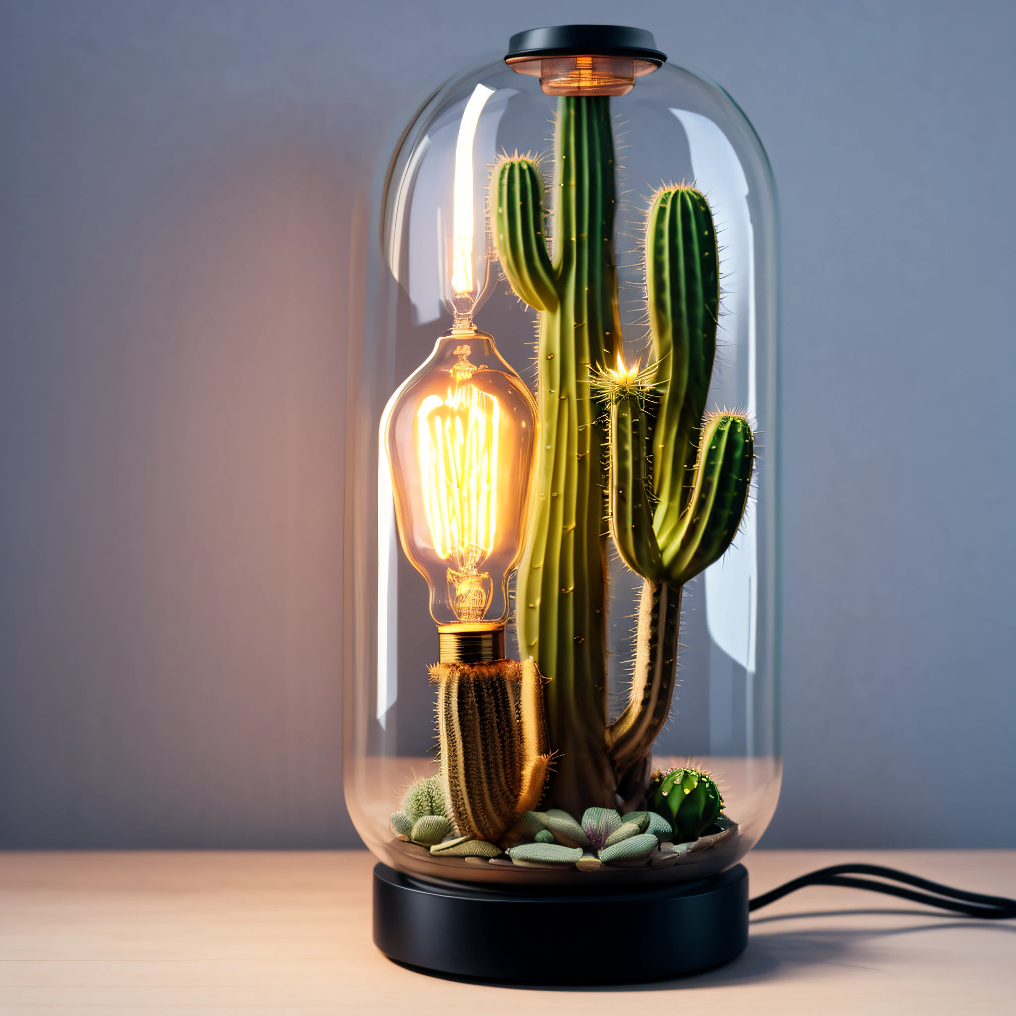 photo, a glass lamp, with cactus