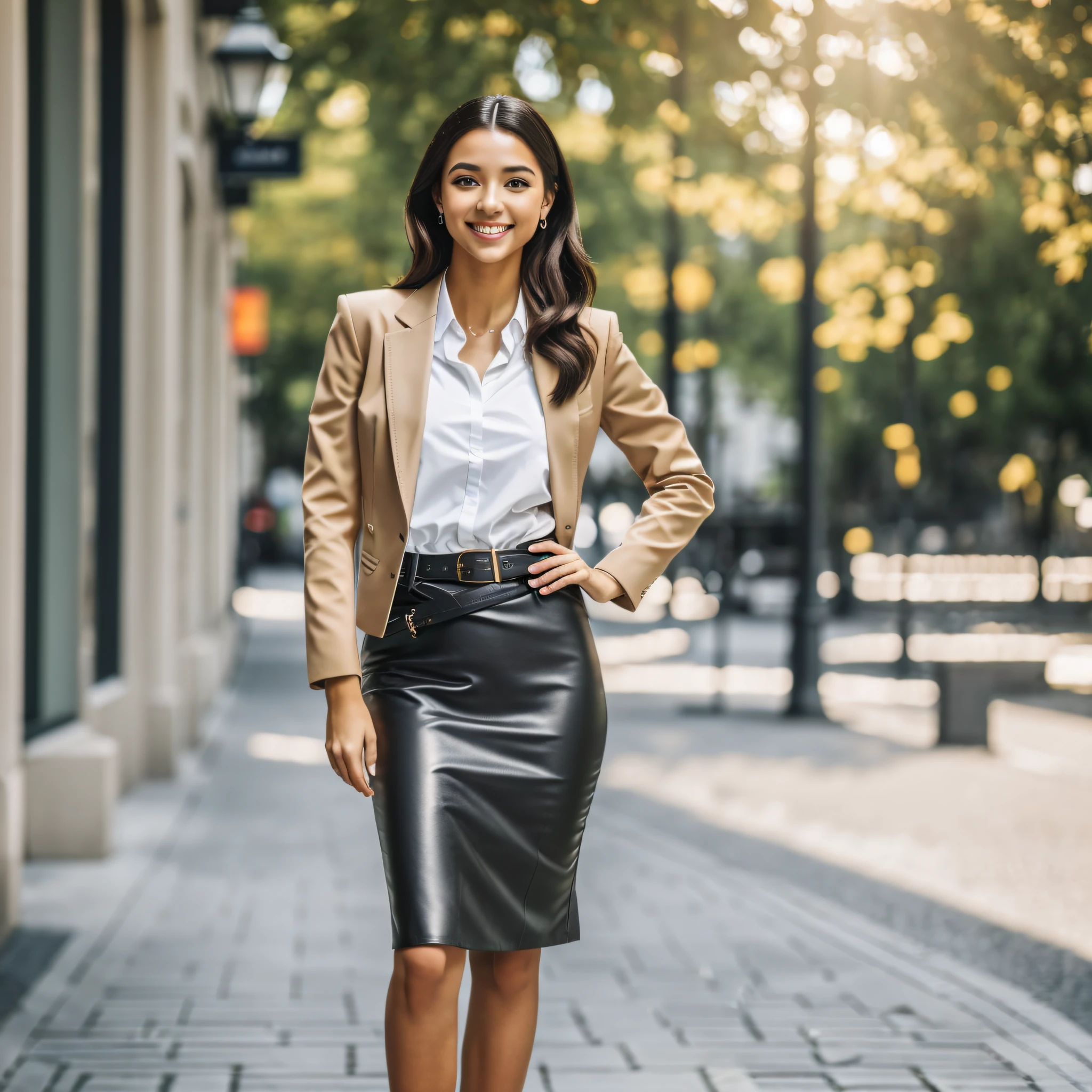 8k, stunning quality, high resolution, photo, european girl, (full body young beautiful photogenic european queen: 1.5), natural breast, (laugh smile:0.6), pencil skirt, business skin, belt, light skin complexion, natural light, sharp focus, good aesthetic, leica q2, --auto --s2