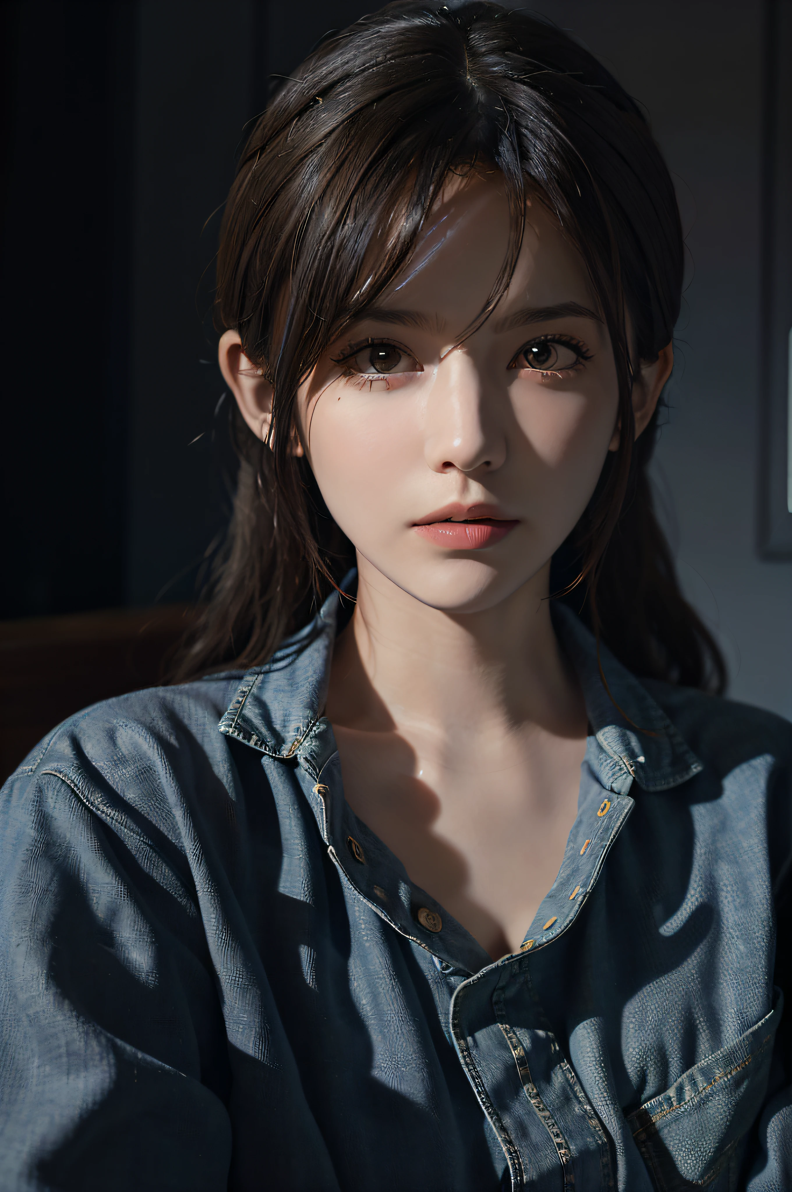 Surrealist female portraits by David Hockney and Alphonse Mucha, fantasy art, photorealism, dynamic lighting, artstation, poster, volumetric lighting, very detailed faces, 4k, award-winning, 1girl, in the dark, deep shadows, understated, denim photos, (formal: 1.4), long hair, gray hair