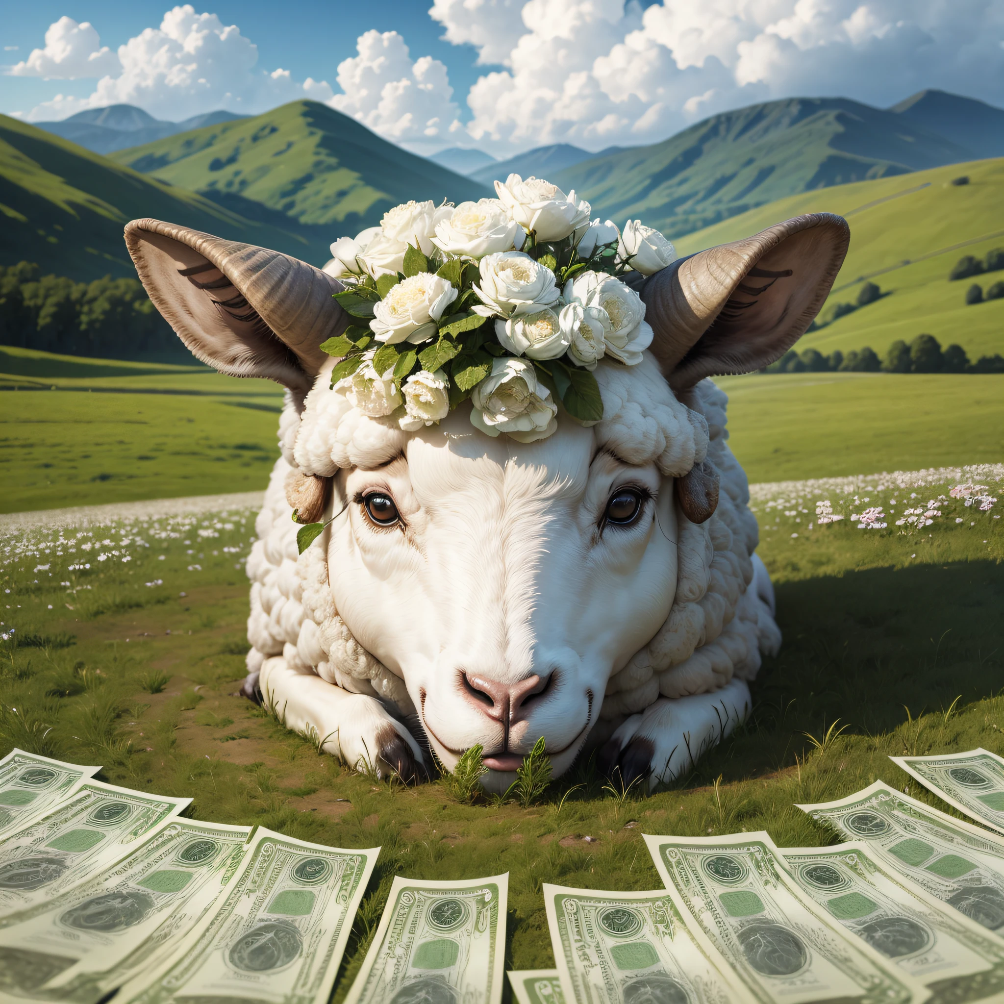 Closeup photograph of a sheep in a field made of money chewing on money bills --auto --s2