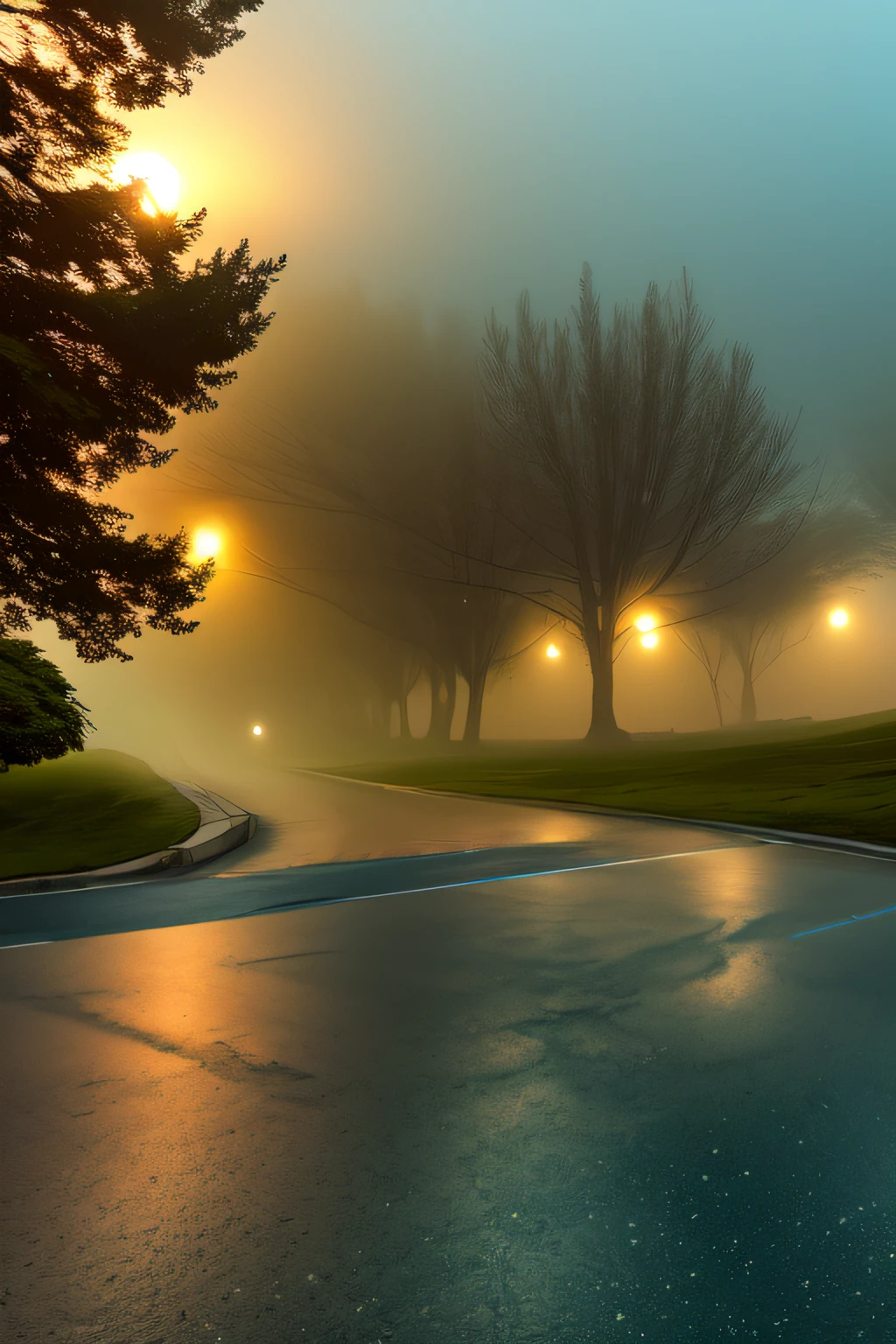 backroom,liminal space,Level-9,The Suburbs,outside,fog,suburbs,tree,shadow, orange lighting, blue lighting, dark, dusk, infinity road,
(photorealistic), [sharp focus], (HDR), (8k), (gigapixel), (masterpiece)