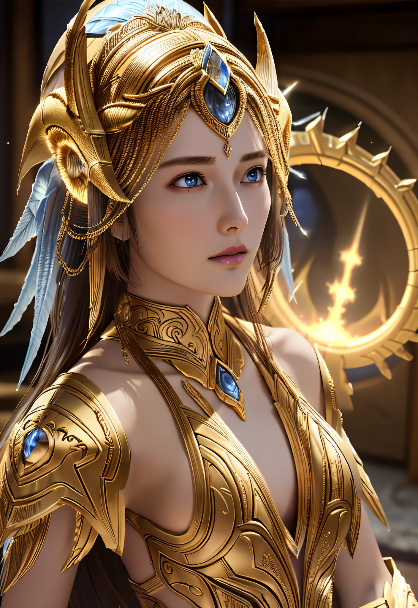 Protoss, (Best Quality), (Masterpiece), (High Resolution), (Intricate Detail),Ultra Detailed Complex 3D Rendering of Profile Face, (Photorealism), (Cinematic Light) Golden Crest, (Colossal: 6.8), Intricate Details, 1 Girl, No Bra, Clavicle, (Big), Big, (Long Hair:1.2) , Ultra High Definition, (Photorealistic:1.4)