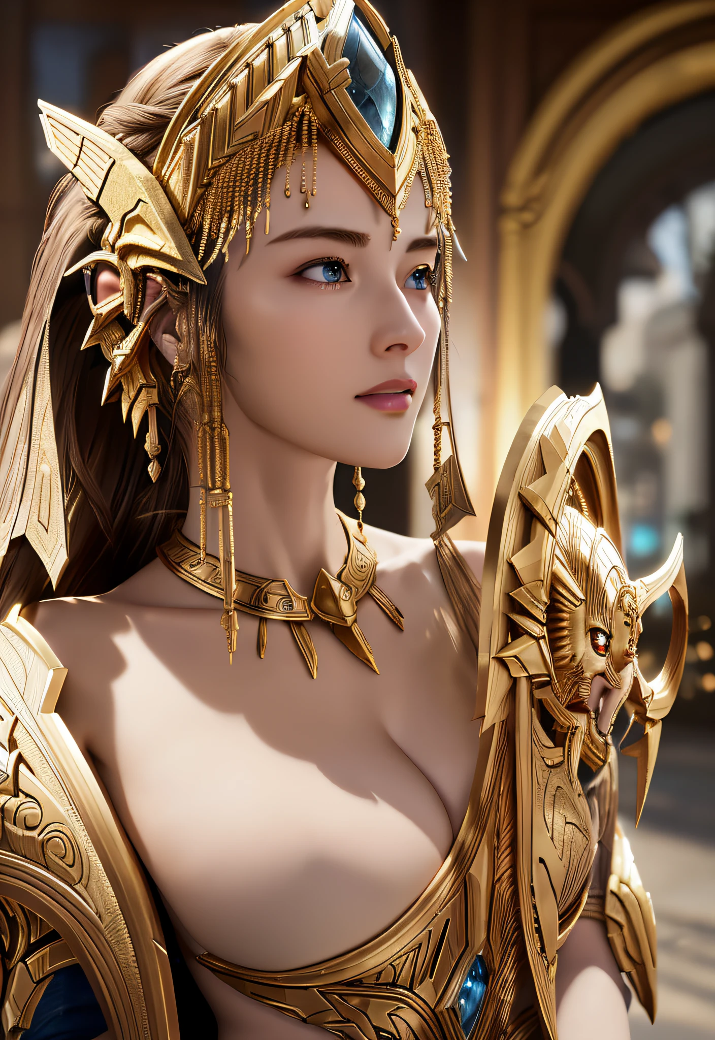 Protoss, (Best Quality), (Masterpiece), (High Resolution), (Intricate Detail),Ultra Detailed Complex 3D Rendering of Profile Face, (Photorealism), (Cinematic Light) Golden Crest, (Colossal: 6.8), Intricate Details, 1 Girl, No Bra, Clavicle, (Big), Big, (Long Hair:1.2) , Ultra High Definition, (Photorealistic:1.4)