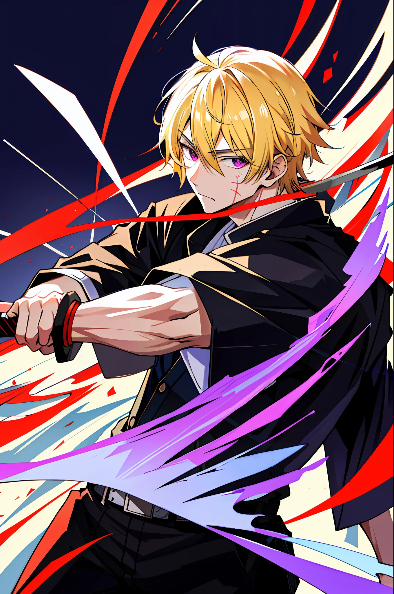 A young Japanese man with blond hair, with a large burn scar on the right side of his face, with a black coat with a red shirt and white pants, holding a blade in each hand, with purple eyes