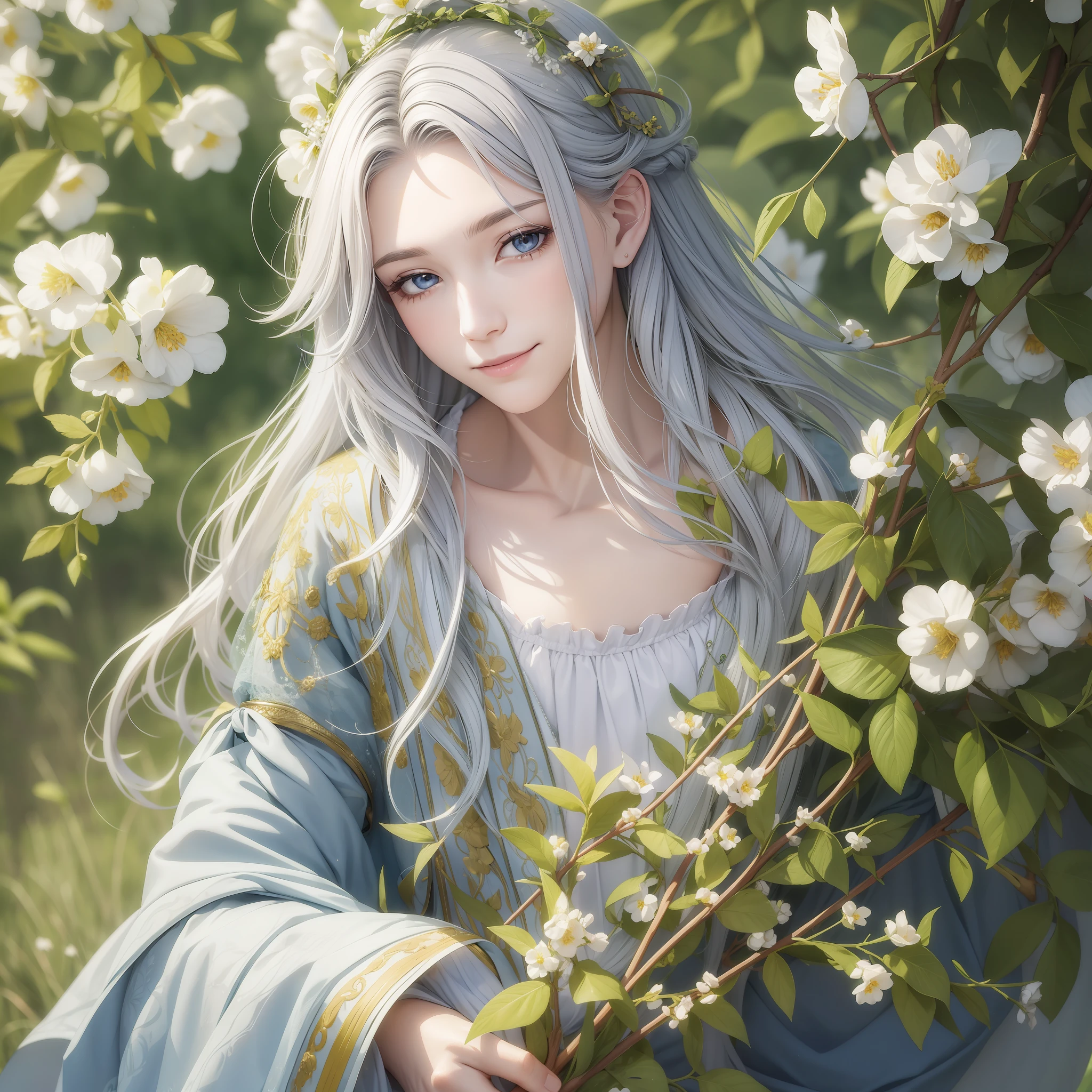 (Masterpiece) 8K resolution, fairy king, beautiful boy blooming, green long hair, hazel eyes, ash gray eyes, smile, fantasy style,
