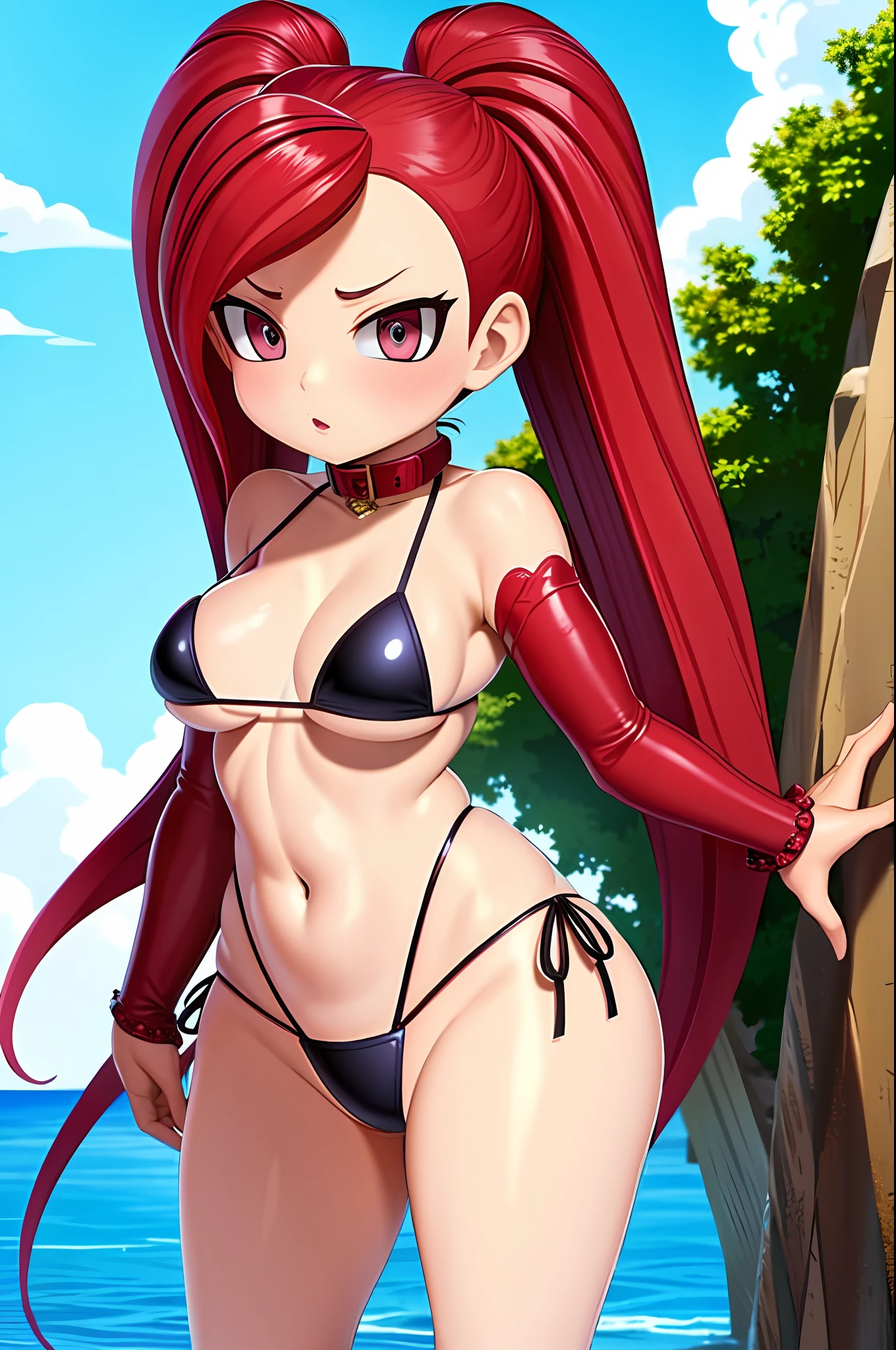 ultra-detailed, masterpiece, highest quality, shiny skin, wet skin, glossy skin,(la brava:1.5),(side-tie bikini),twin tails, nipple, red hair, pink collar , chibi, deformation, street city