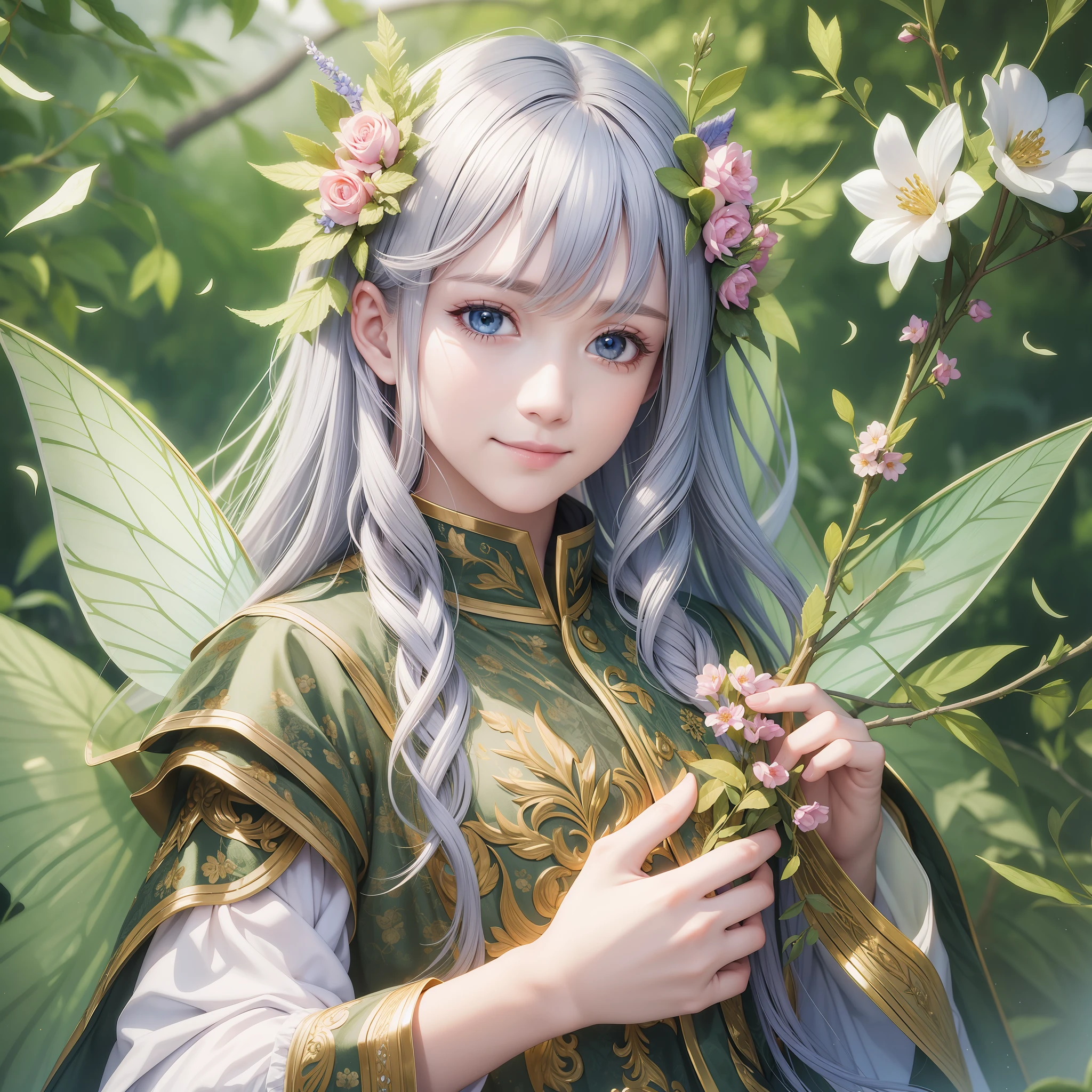(Masterpiece) 8K resolution, fairy king, beautiful boy blooming, green long hair, hazel eyes, ash gray eyes, smile, fantasy style,