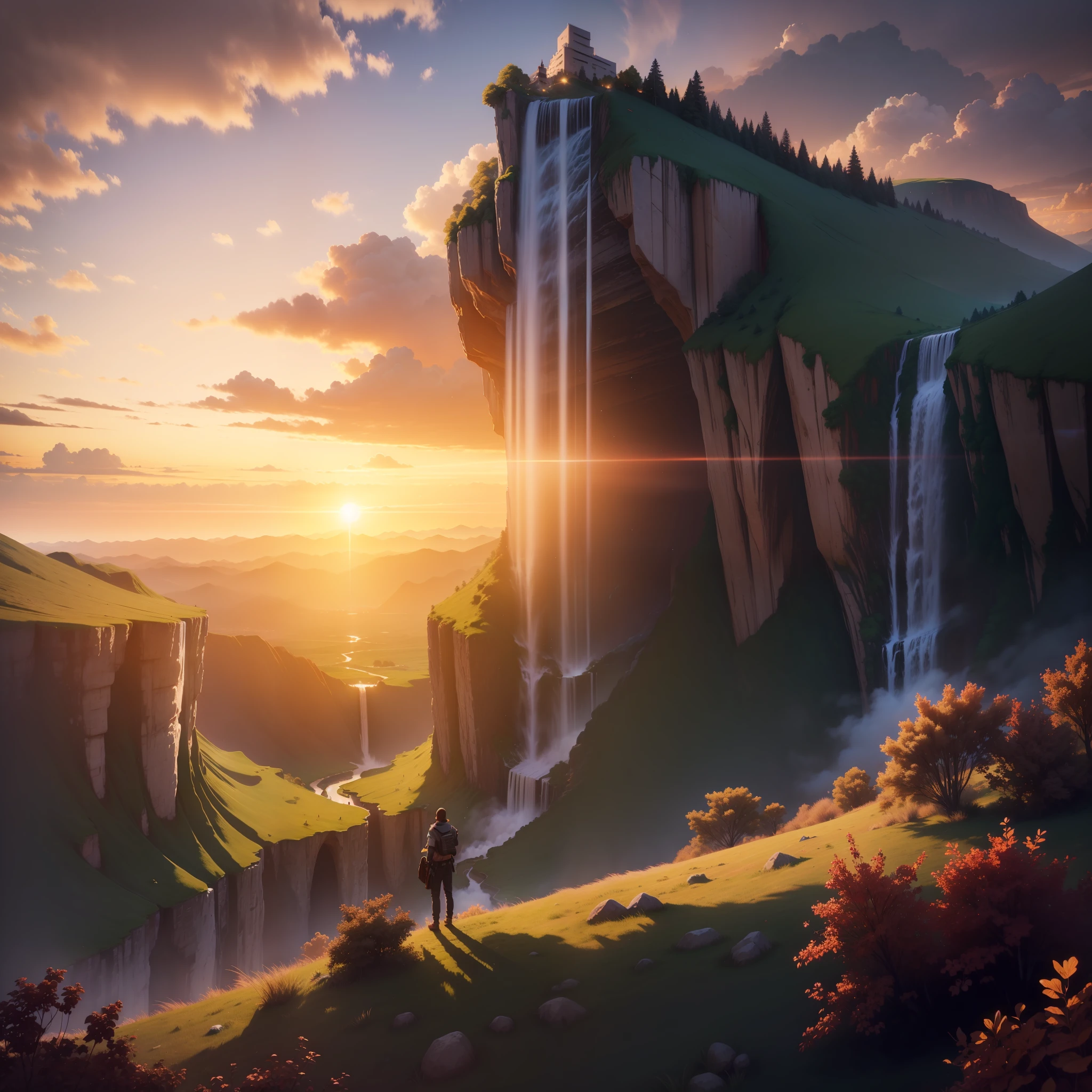 On the hill, See the waterfall, Sundown, Humanoid cloud, Verism, ray tracing, panorama, Ultra-Wide Angle, UHD, masterpiece, super detail, best quality, 8k