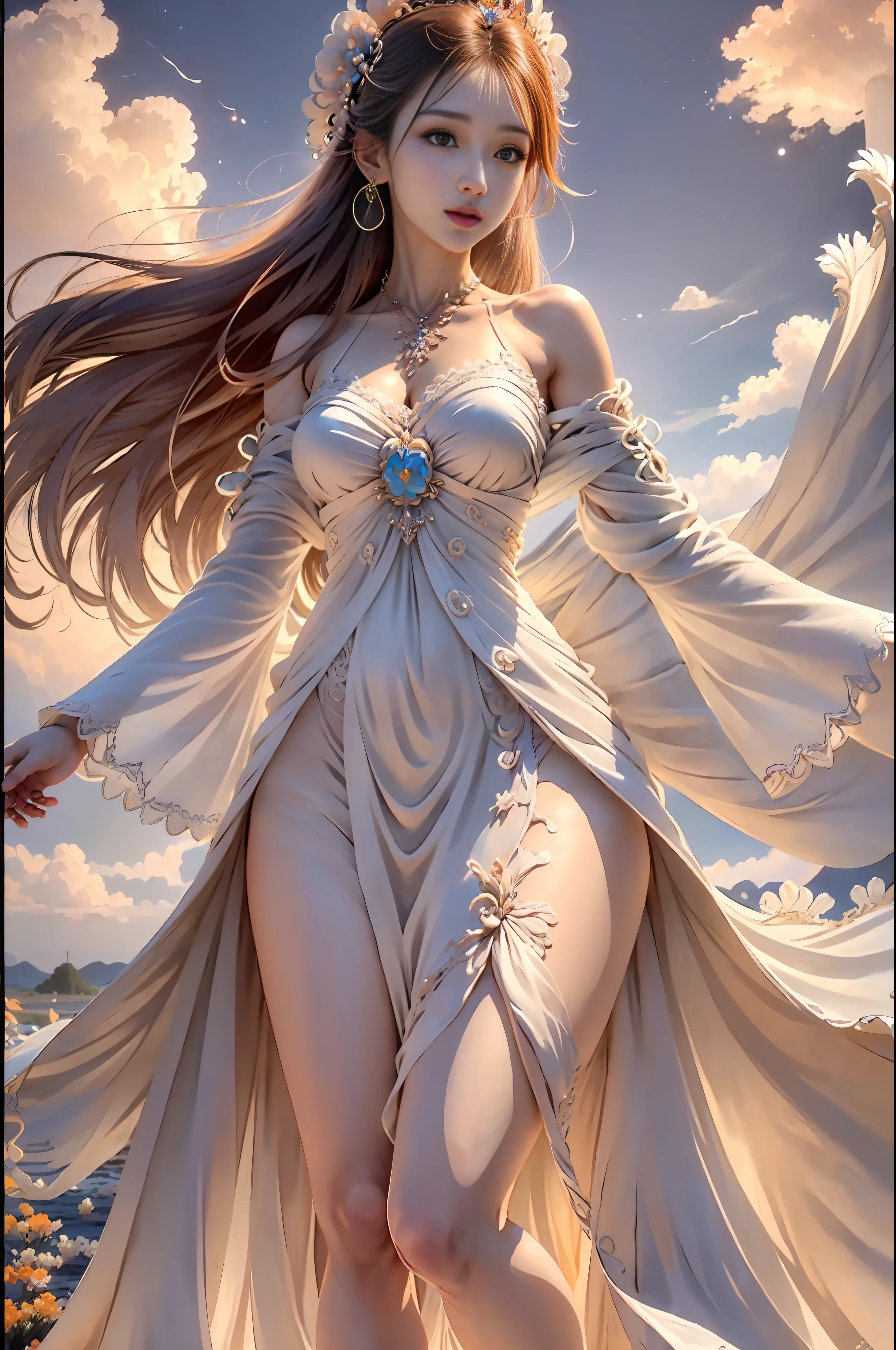 (8k, RAW photo, photorealistic:1.25) ,( lip gloss, eyelashes, glossy side, shiny skin, best quality, super high resolution, depth of field, chromatic aberration, caustics, special light, natural shadow, crown, kpop idol), light pink and sky blue style, (real: 1.2), 1girl, (orange sky: 1.5), tall and thin beauty goddess, flowing dress, conservative girl, cloud goddess, flowing white fabric, Wearing a flowing dress, (blue sky and white clouds in the background: 1.4), (wind: 1.5), (full body: 1.5), nhjy, a white dress with a peacock on it