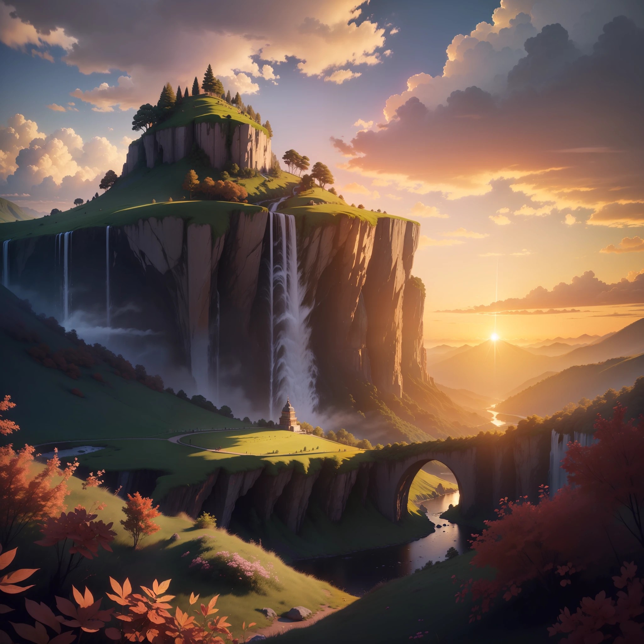 On the hill, See the waterfall, Sundown, Humanoid cloud, Verism, ray tracing, panorama, Ultra-Wide Angle, UHD, masterpiece, super detail, best quality, 8k