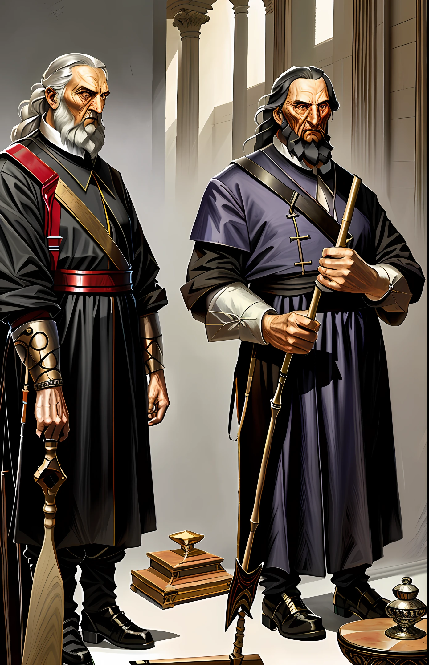 The apostle next to his wife, an old Hebrew, long gray hair, long gray beard, wearing black and red striped tunic, holding a staff, in front view, full body, biblical, realistic, intricate details, by Abbott Fuller Graves, Bartolome Esteban Murillo, J.C. Leyendecker, Craig Mullins, Peter Paul Rubens, (Caravaggio), Trend in Artstation, 8K, Concept Art, Fantasy Art,  PhotoRealistic, Realistic, Illustration, Oil Painting, Surrealism, HyperRealistic, brush brushes, Digital art, style, watercolor