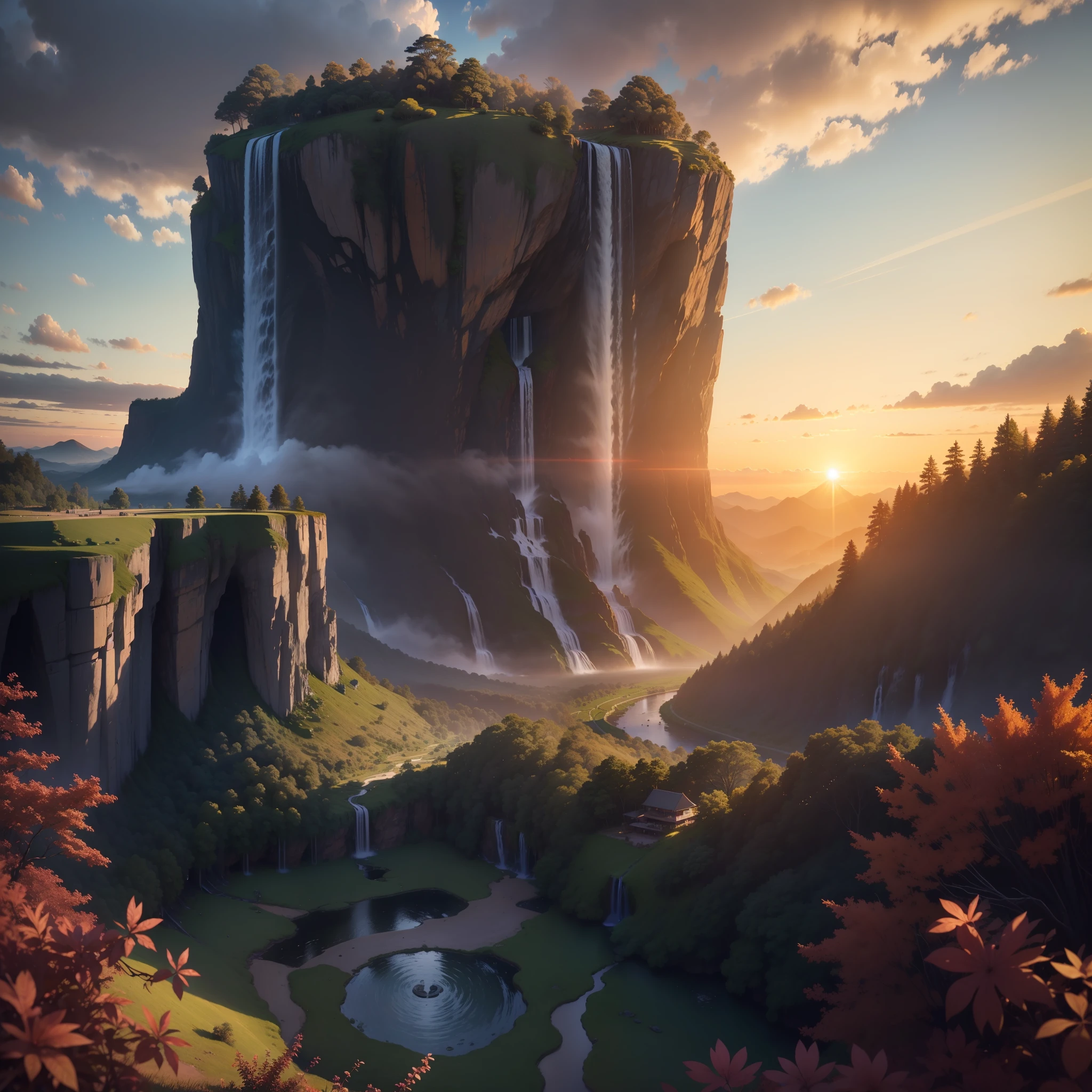 On the hill, See the waterfall, Sundown, Humanoid cloud, Verism, ray tracing, panorama, Ultra-Wide Angle, UHD, masterpiece, super detail, best quality, 8k
