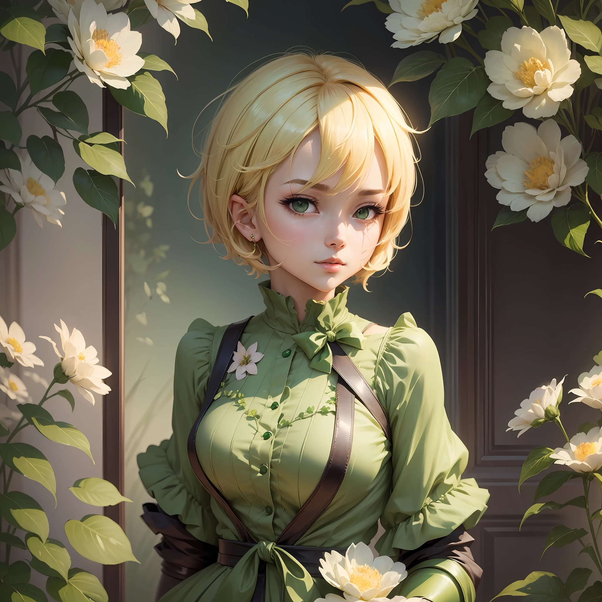An anime girl with short blonde hair and dark green with a graceful figure, beautiful anime portrait, anime style 8K, beautiful anime girl, anime art wallpaper 8 K, beautiful anime artwork, flowers around her, super delicate, in line with common sense --auto --s2
