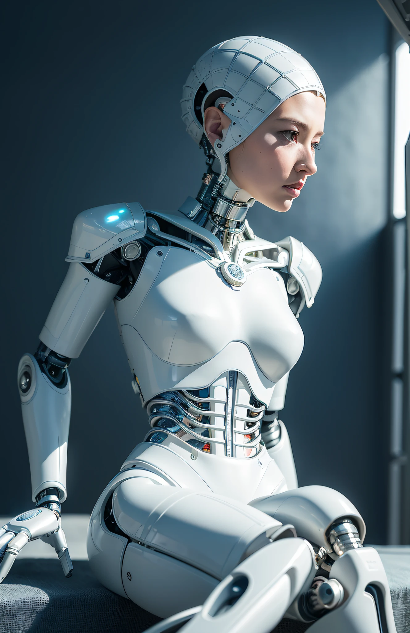 complex 3d render ultra detailed of a beautiful porcelain profile woman android face, cyborg, robotic parts, 150 mm, beautiful studio soft light, rim light, vibrant details, luxurious cyberpunk, lace, hyperrealistic, anatomical, facial muscles, cable electric wires, microchip, elegant, beautiful background, octane render, H. R. Giger style, 8k, best quality, masterpiece, illustration, an extremely delicate and beautiful, extremely detailed ,CG ,unity ,wallpaper, (realistic, photo-realistic:1.37),Amazing, finely detail, masterpiece,best quality,official art, extremely detailed CG unity 8k wallpaper, absurdres, incredibly absurdres, , robot, silver halmet, full body, sitting