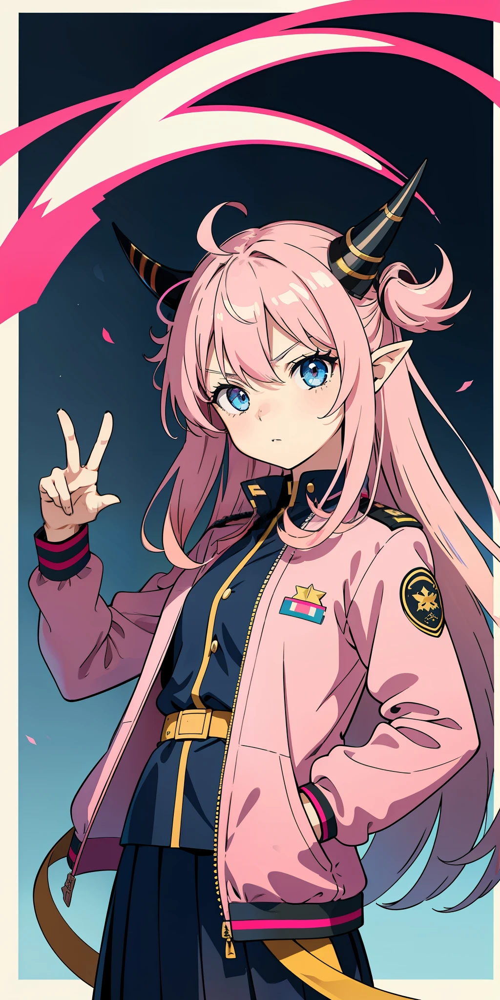 Anime girl with pink hair, military clothes, looks serious, blue eyes, small horns on head