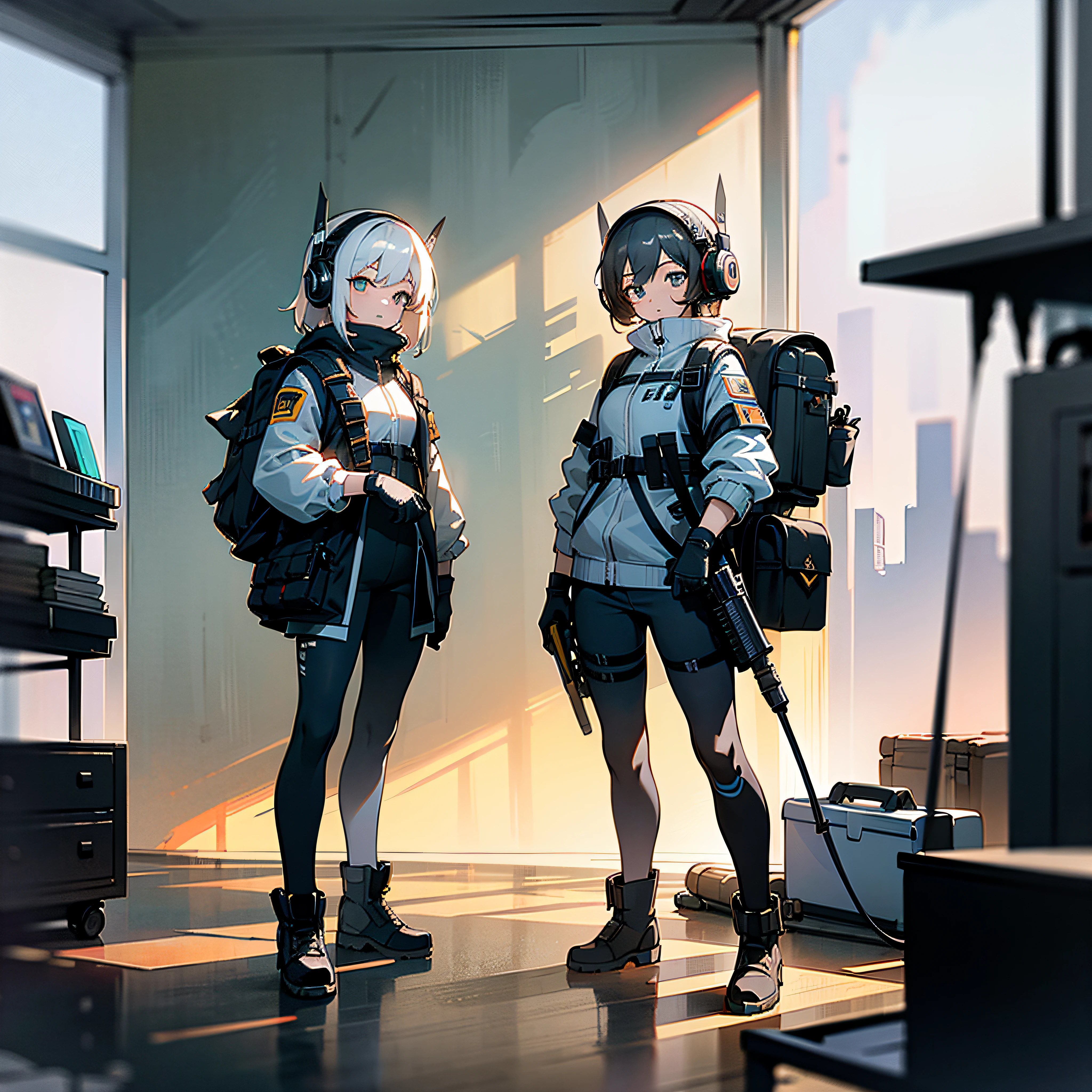 ((high quality)), ((masterpiece)), 8k, 2girls, bulletproof vest, light rays, extremely detailed CG unity 8k wallpaper, game cg, looking at viewer, gloves, boots, full body, watch, computer, mask, drone, holding weapon, headphones, jacket, bag, backpack,