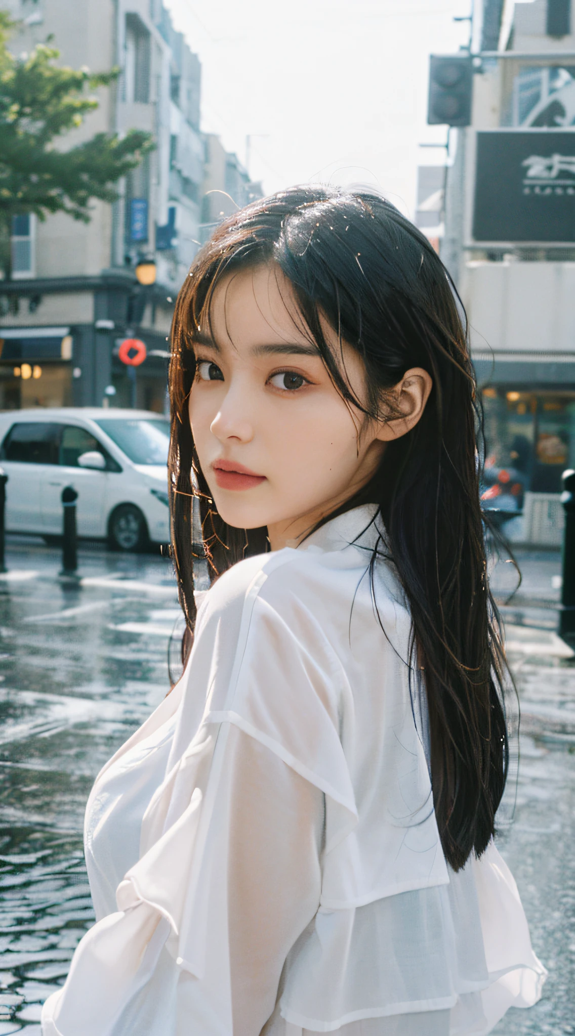 ((Best Quality, 8K, Masterpiece: 1.3)), Sharp: 1.2, Perfect Body Beauty: 1.4, Slim Abs: 1.2, ((Layered Hairstyle, Breasts: 1.2)), (Wet White Button Long Shirt: 1.1), Wind, (Rain, Street: 1.2), Wet: 1.5, Highly Detailed Face and Skin Texture, Fine Eyes, Double Eyelids, Looking Back at the Camera