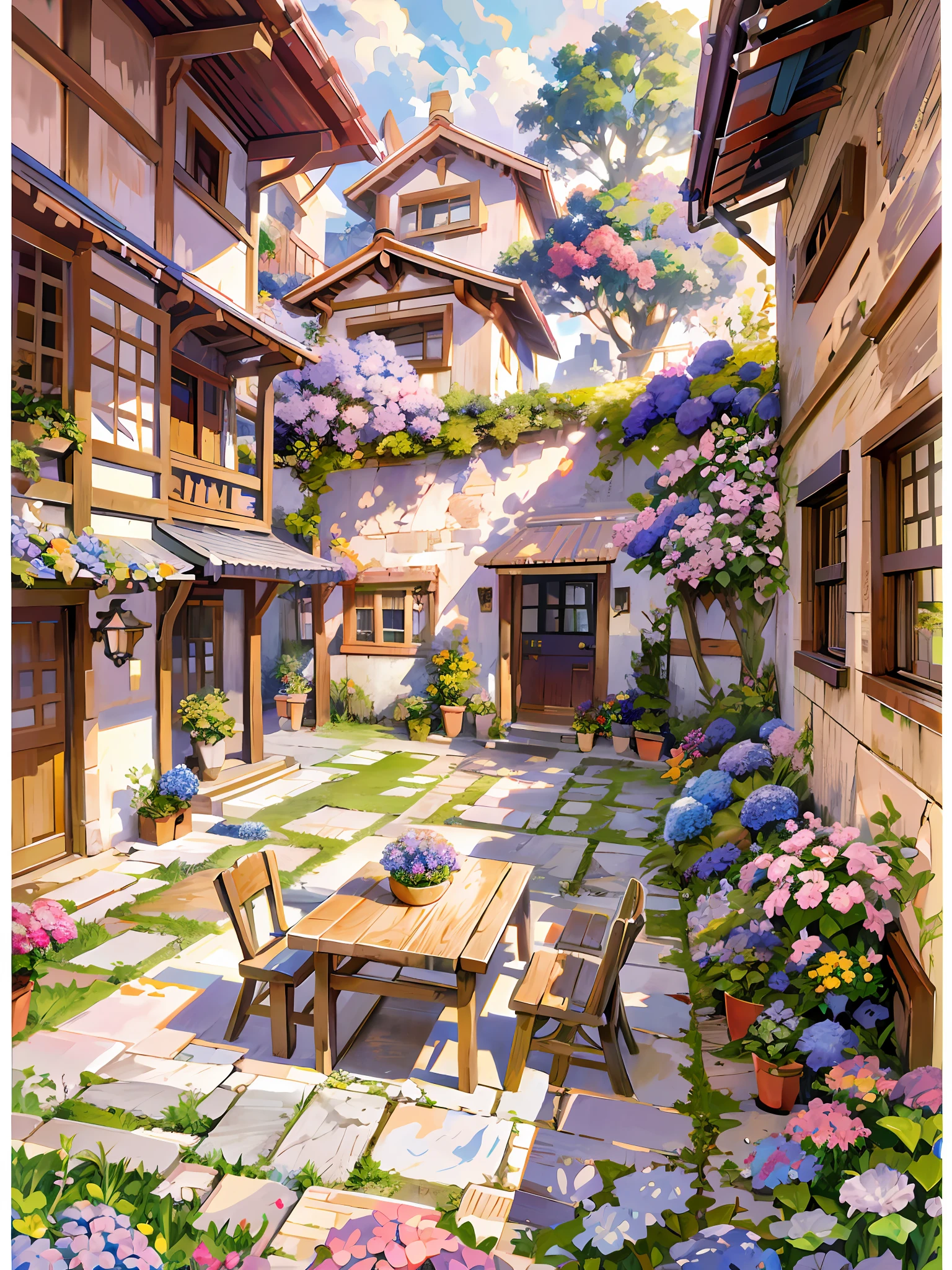 Super fine, super wide lens, courtyard painting with table, chairs and benches, tulips in front, full of roses and hydrangeas, fairy tale world, anime background art, anime landscape concept art, very detailed scenes, beautiful artwork illustrations, detailed landscapes — width 672, Studio Ghibli environment, highly detailed scenes, environmental design illustrations, beautiful anime scenes, Studio Ghibli style, anime landscapes, detailed soft drawings, environmental paintings
