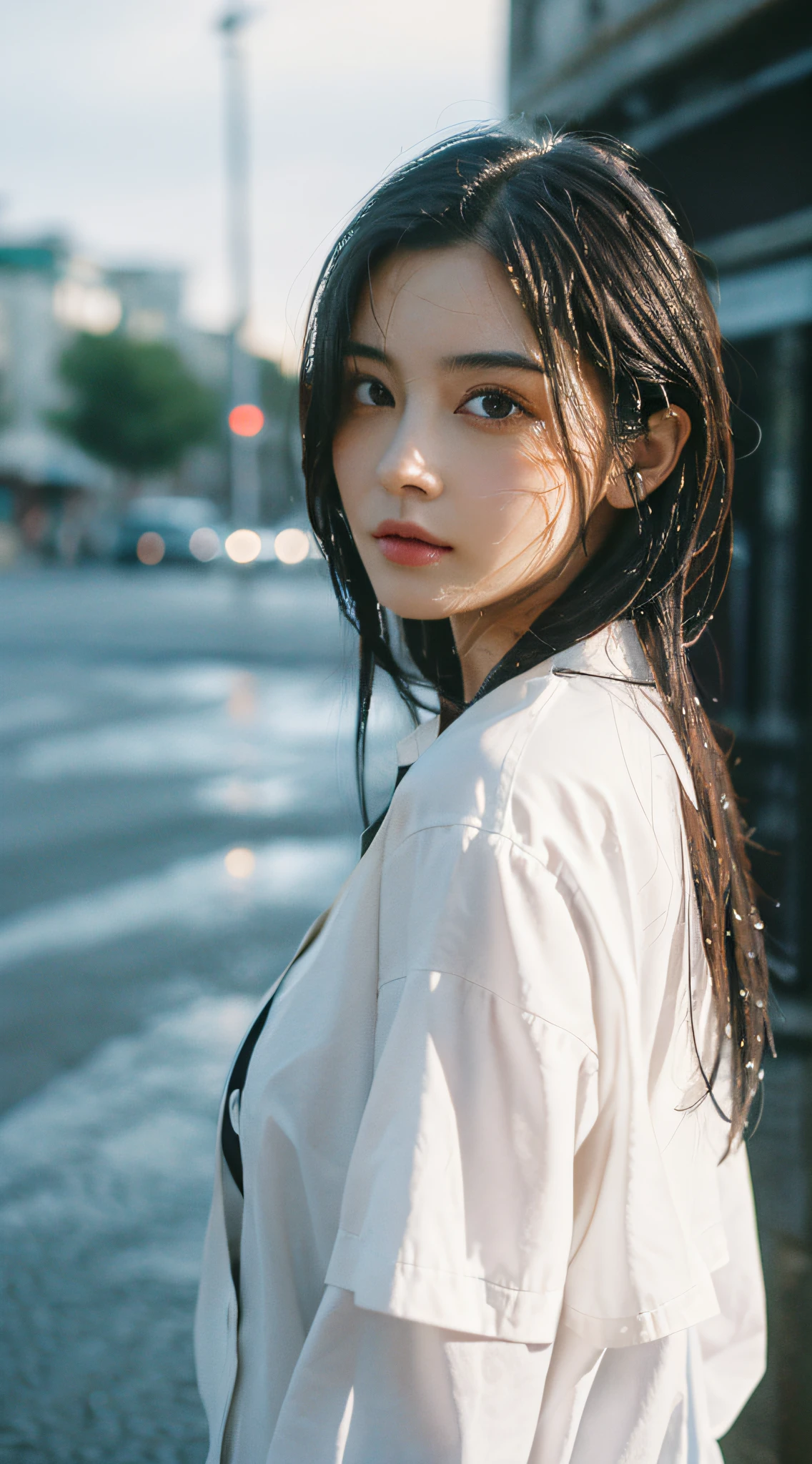 ((Best Quality, 8K, Masterpiece: 1.3)), Sharp: 1.2, Perfect Body Beauty: 1.4, Slim Abs: 1.2, ((Layered Hairstyle, Breasts: 1.2)), (Wet White Button Long Shirt: 1.1), Wind, (Rain, Street: 1.2), Wet: 1.5, Highly Detailed Face and Skin Texture, Fine Eyes, Double Eyelids, Looking Back at the Camera