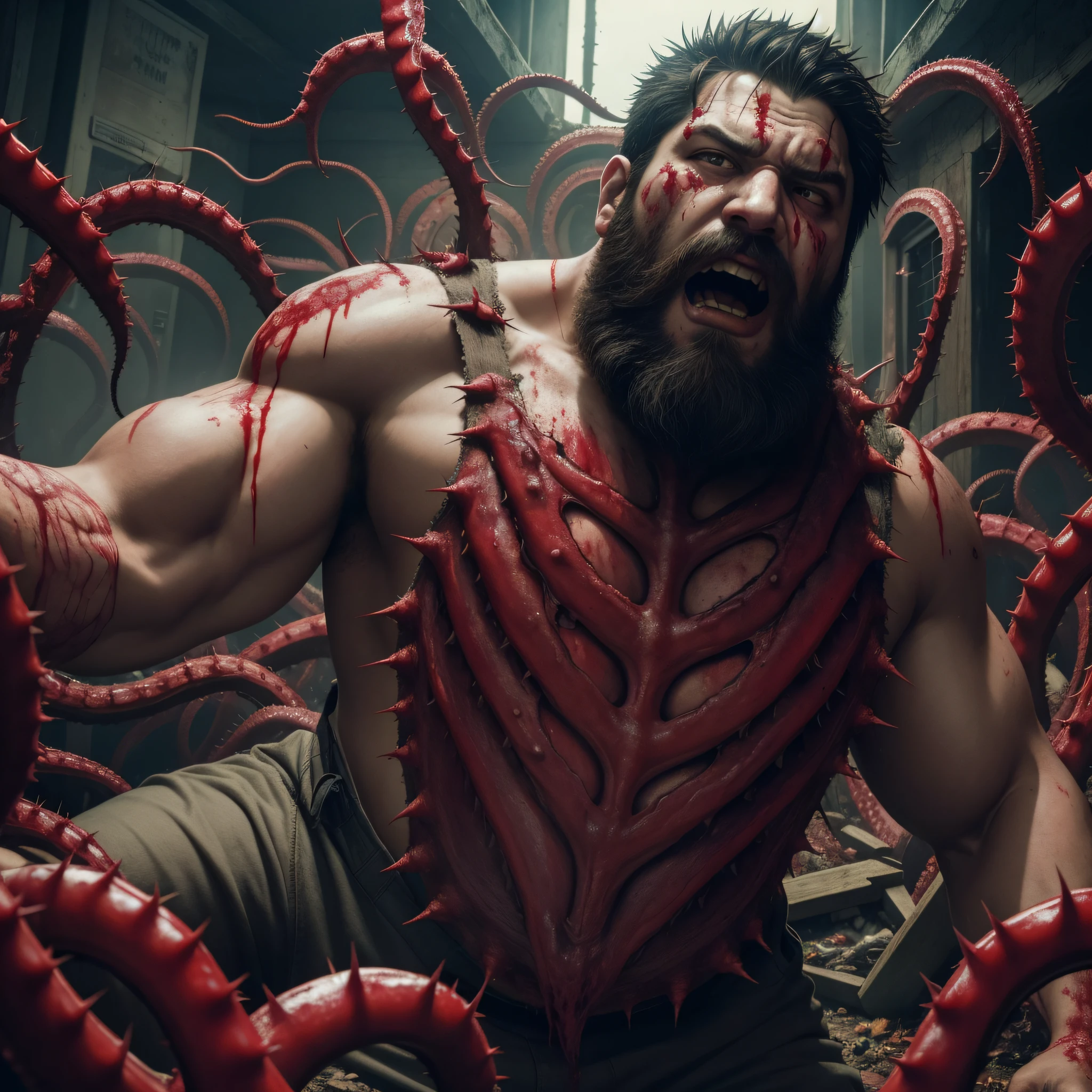 reelhorror, 1 fat bearded, humanoid, dismembered body, multiple arms, open mouth, thorns, looking at the viewer, short hair, lie, blood, tentacles, monster, wound, blood on face, realistic, death, corpse, messy, interior, garbage, scene pov, pov, horror
