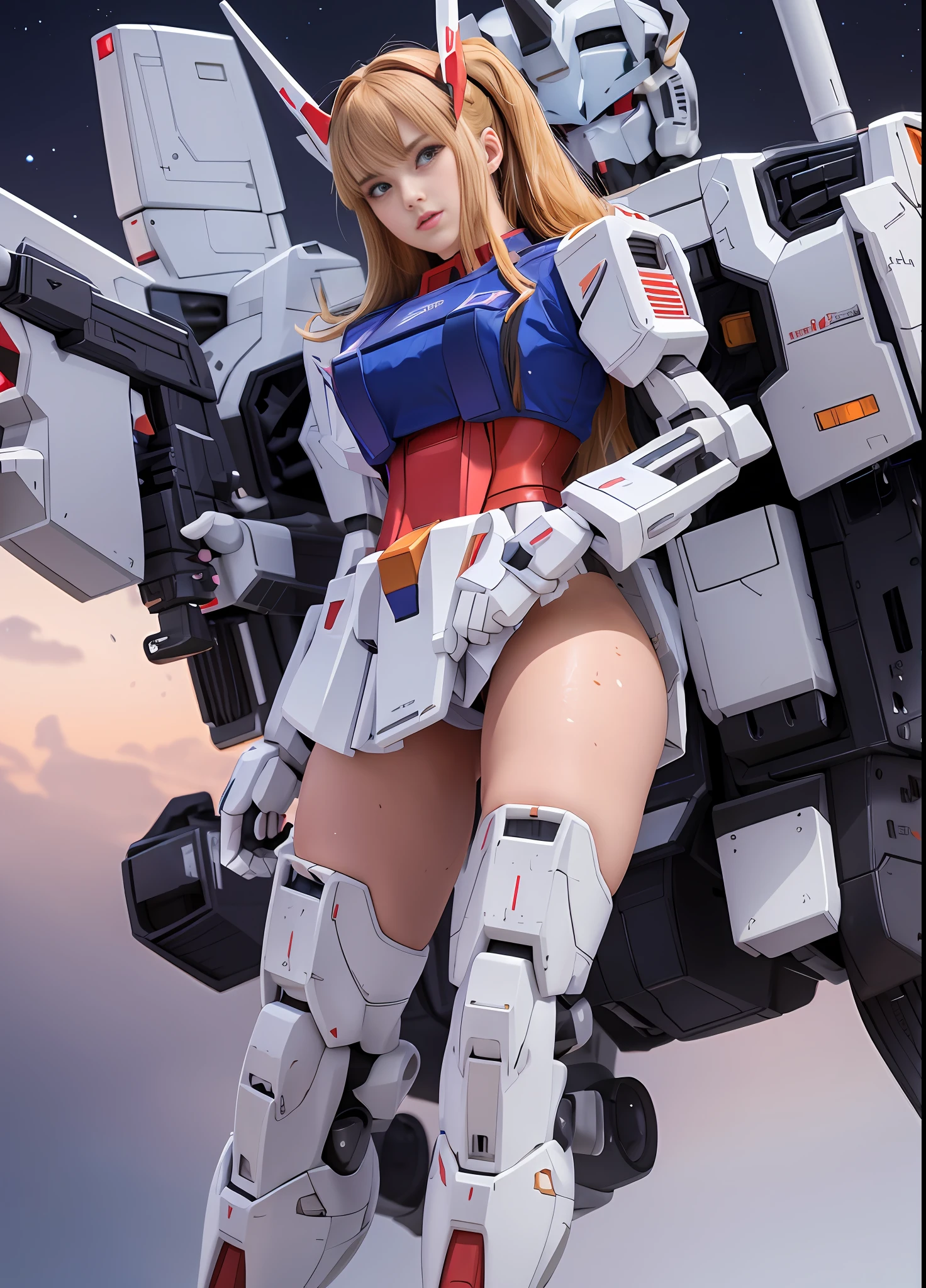 (top quality), (masterpiece), personification of Mobile Suit Gundam F91, nsfw, amazing highlights of the upper body, powerful mechs, girl with a beam rifle, 21 years old, baby face, beautiful eyes, modest nose, neatness, absolute area, moist wet rather thick thighs, full body, fighting pose, open legs, short skirt,