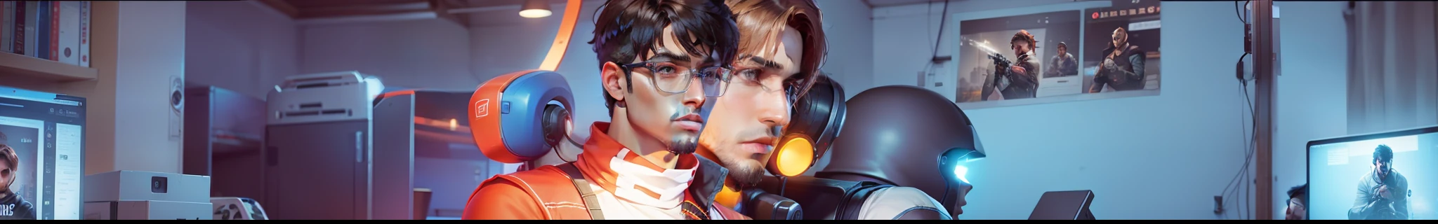Create an image about gamer content with a brown guy with short hair in the middle --auto --s2