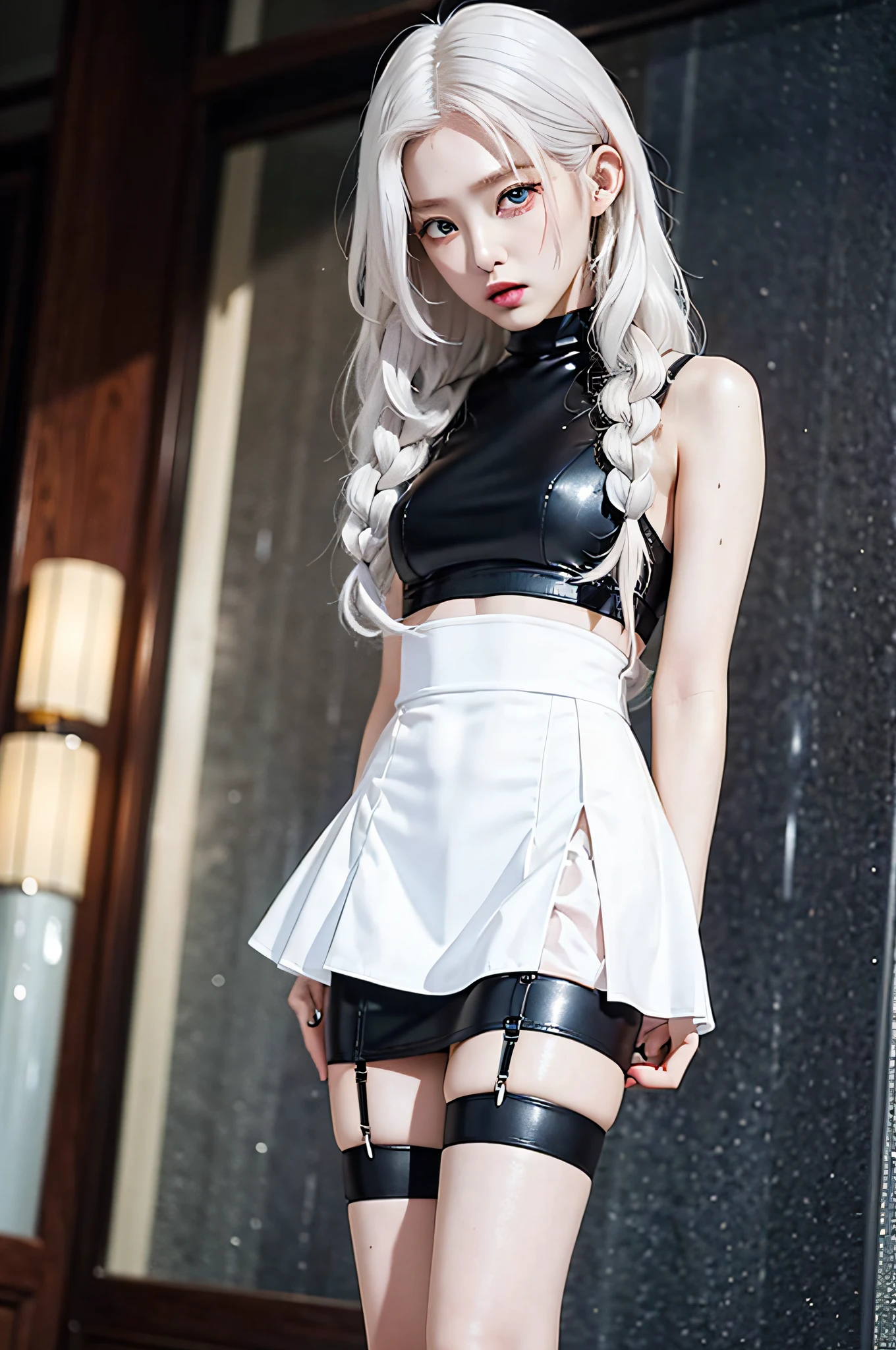 1 girl, anime style, transparent suspender stockings, leg straps, short skirt, (long white hair), blue eyes, rain-soaked top, rainy day, heartache expression